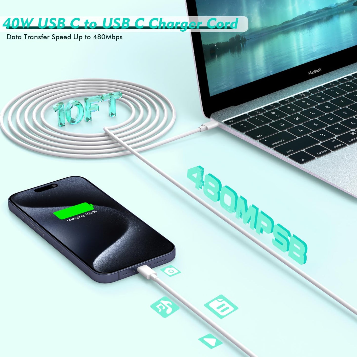 10ft USB C Fast Charger for MacBook Pro