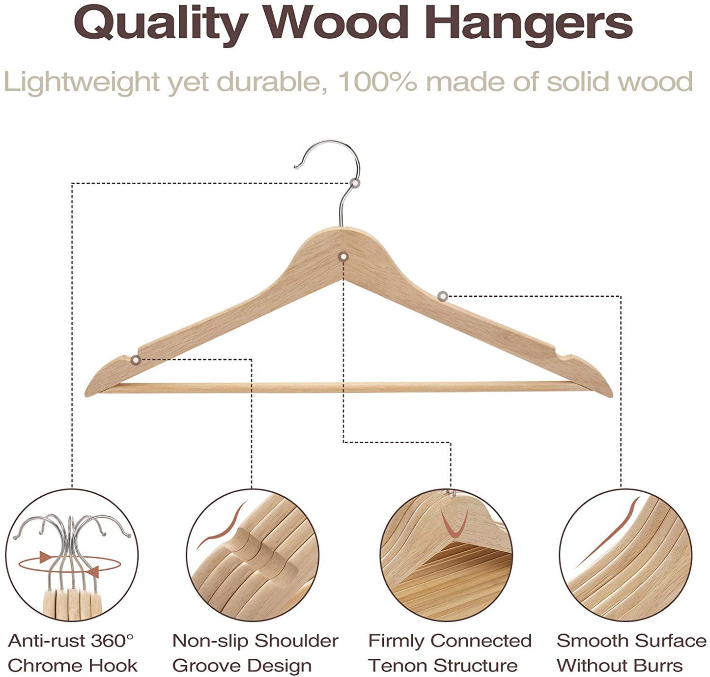FairyHaus 30 Pack Wooden Coat Hangers with Hook