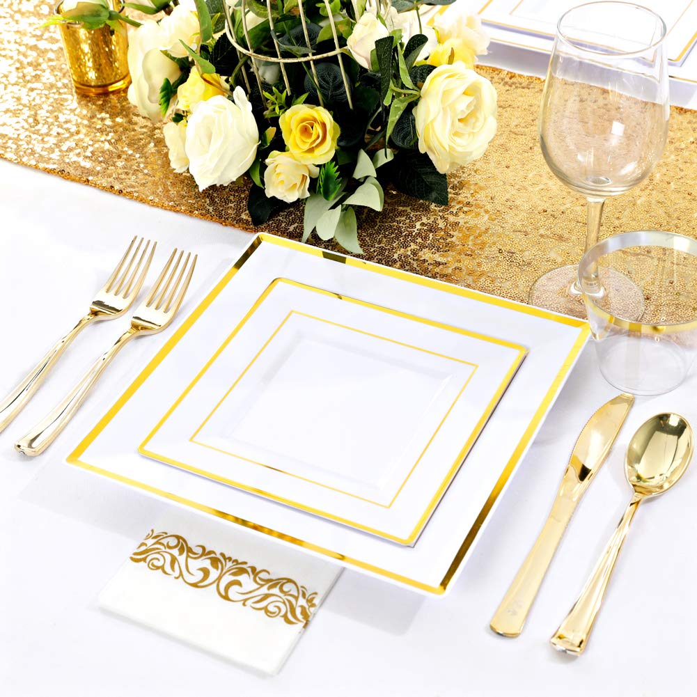 50 Guest Gold Disposable Plates and Utensils Set