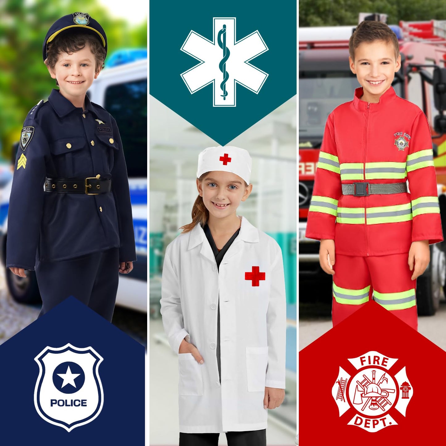 Boys Dress Up Costumes for Play, Kids Role Play Dress Up Clothes for 3-6 Years Old Play, 3 in 1 Set Police Officer/Firefighter/Doctor Costume for Kids Boys Halloween Pretend Play