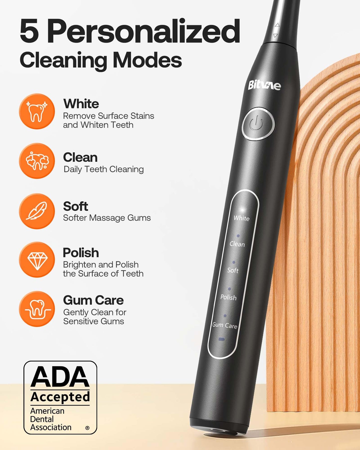 Bitvae Electric Toothbrush for Adults - Ultrasonic Electric Toothbrushes with 8 Brush Heads, ADA Accepted Power Rechargeable Toothbrush with 5 Modes, Smart Timer, Black D2
