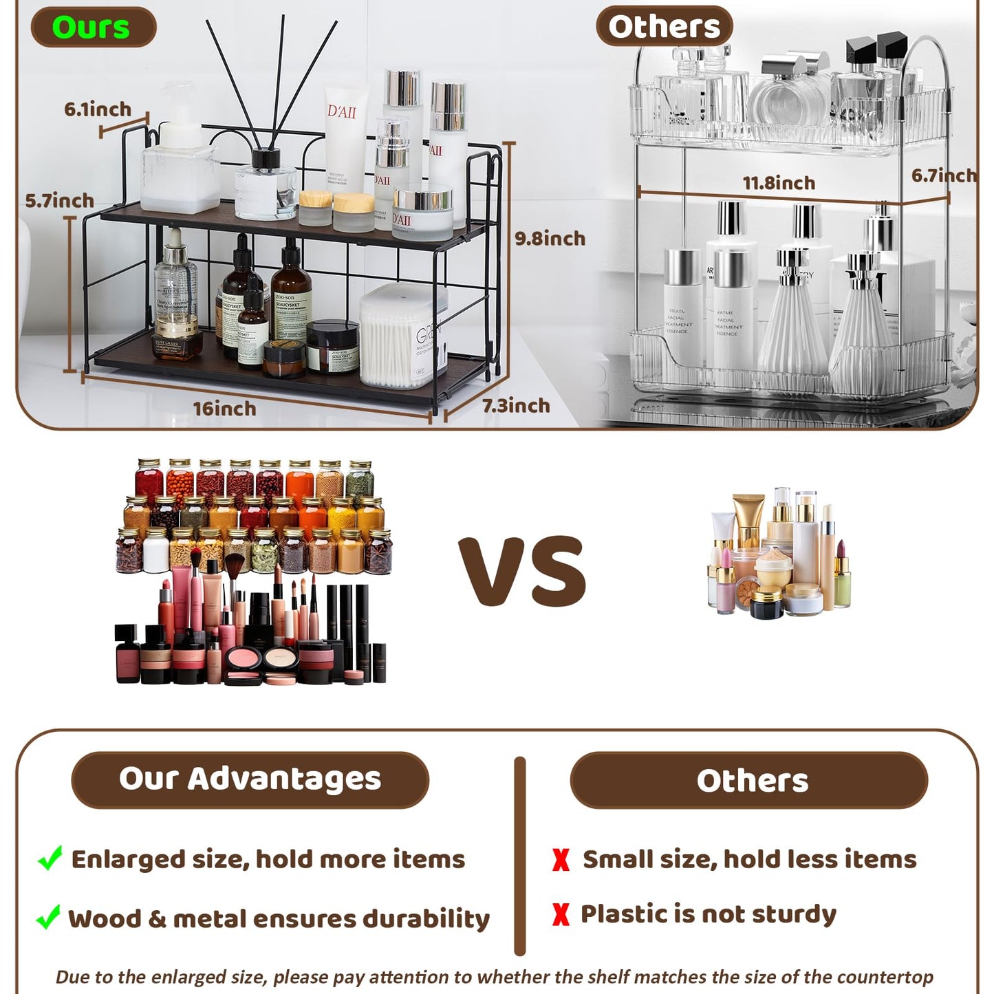 Edergoo Bathroom Counter Organizer 10s Tool-Free Install, 2 Tier Bathroom Organizers and Storage, Collapsible Bathroom Organizer Countertop, Wood Bathroom Kitchen Countertop Organizer, Black