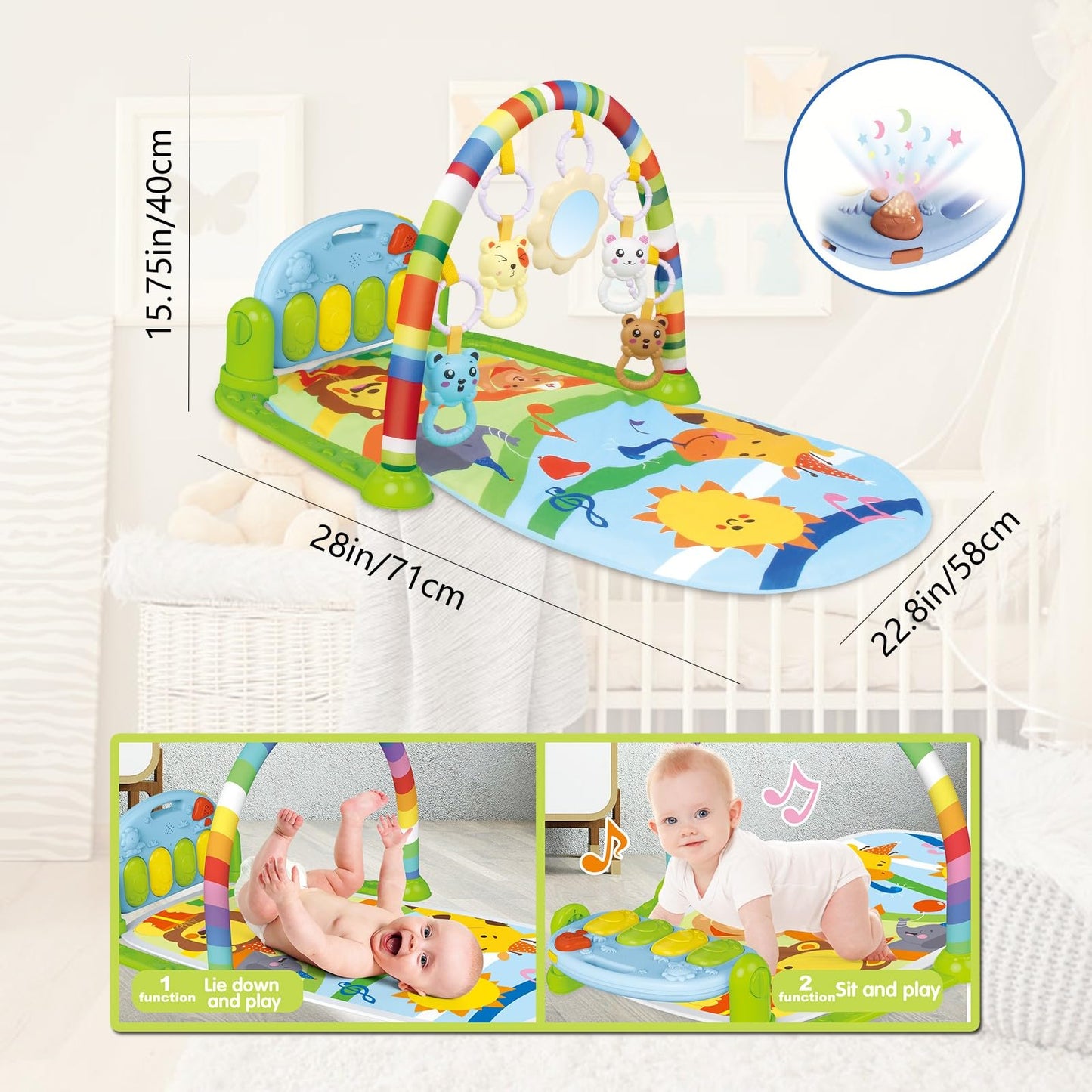 apyr aoma Tummy Time Mat Baby Play Mat, Play Piano Gym with Tummy Time Activity Mat, Musical Activity Center for Infants Toddlers with 5 Toys, Music and Lights Boy & Girl Gifts for Newborn