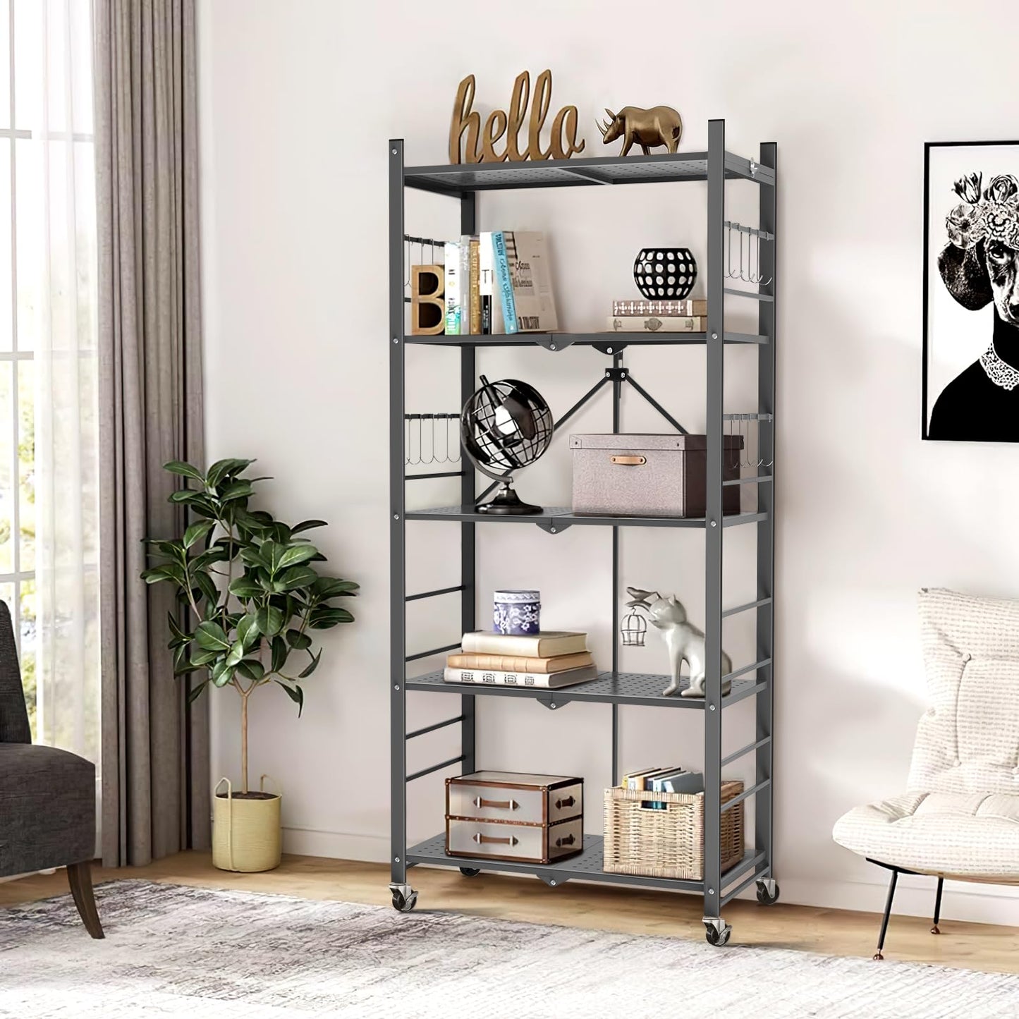 Himix Storage Shelves with 20 Hooks, 5-Tier Foldable Shelves for Storage, Folding Shelf Unit Pantry Shelves Bookshelf with Wheels, Vendor Display Racks for Craft Shows, Home, Office - No Assembly