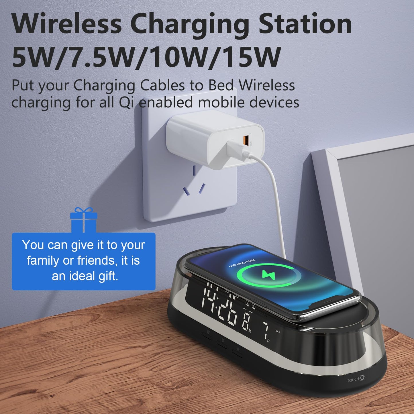 VOILEIPAGI Alarm Clock with Wireless Charging, Alarm Clock for Heavy Sleepers Adults, Smart Clock with Night Light,Snooze, Date, Bedside Digital Dual Alarm Clock, Alarm Clocks for Bedrooms Black