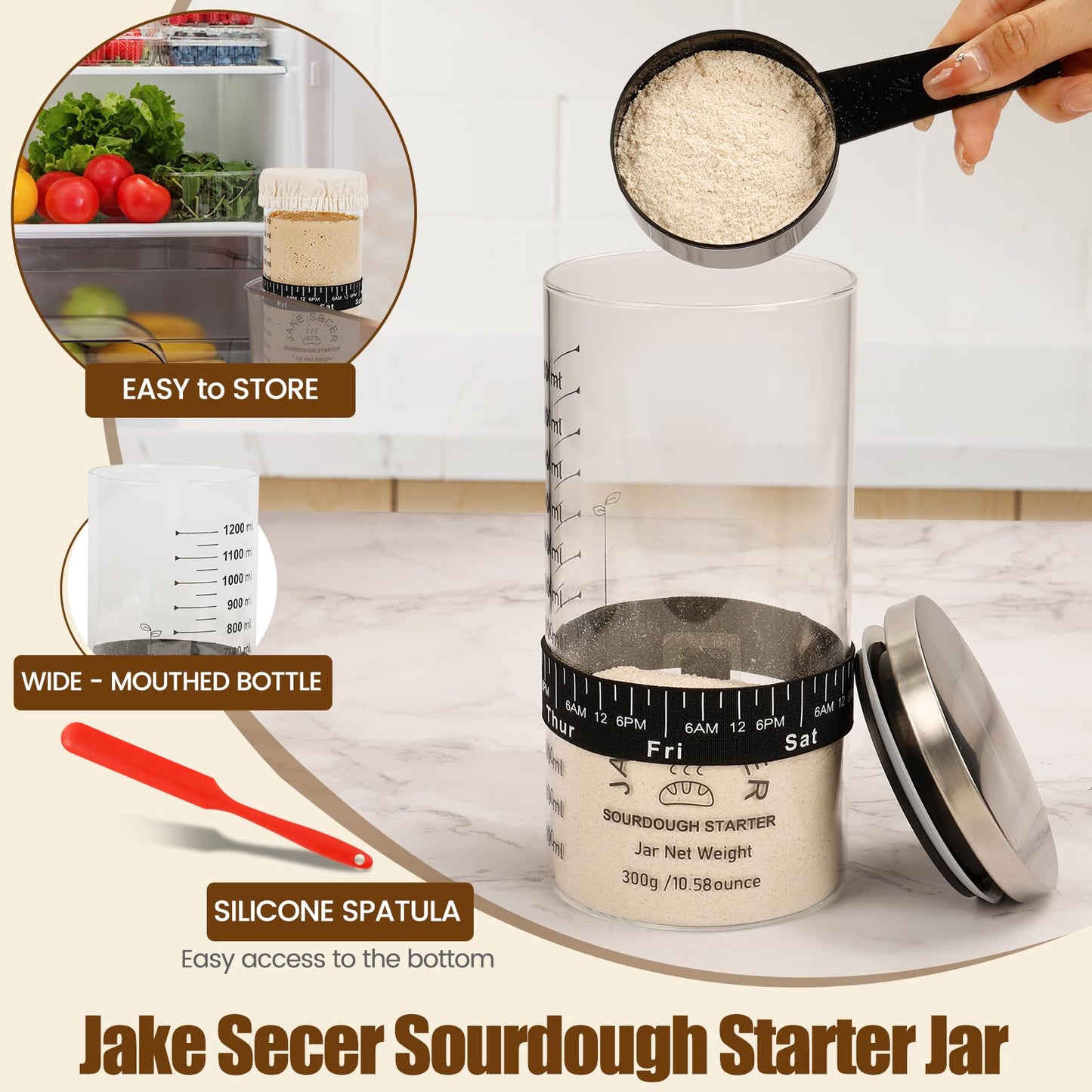 jake.secer 44oz Sourdough Starter Jar Kit Glass, Wide Mouth Jars for Sourdough, Large Sourdough Starter Container, Sourdough Starter Crock for Beginners, Sourdough Bread Starter Containers