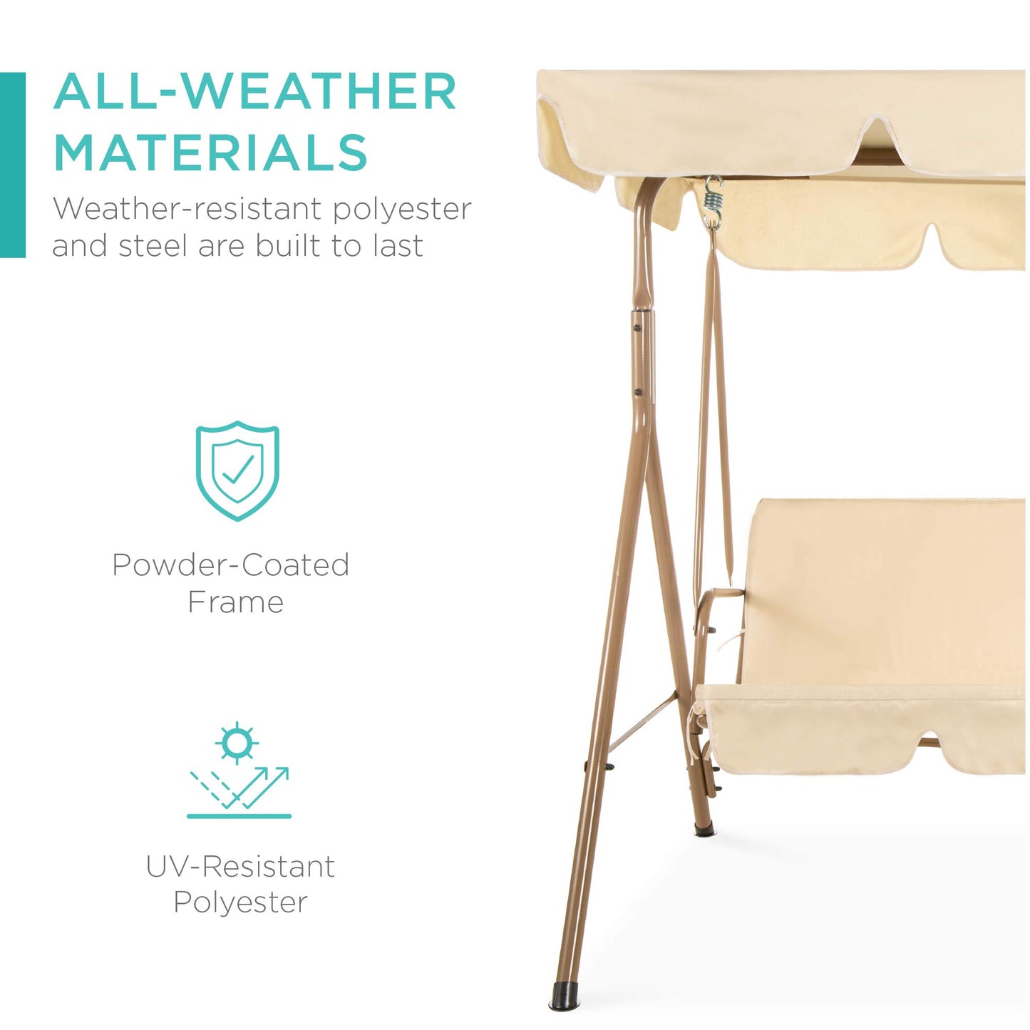 Best Choice Products 2-Person Outdoor Patio Swing Chair, Hanging Glider Porch Bench for Garden, Poolside, Backyard w/Convertible Canopy, Adjustable Shade, Removable Cushions - Beige