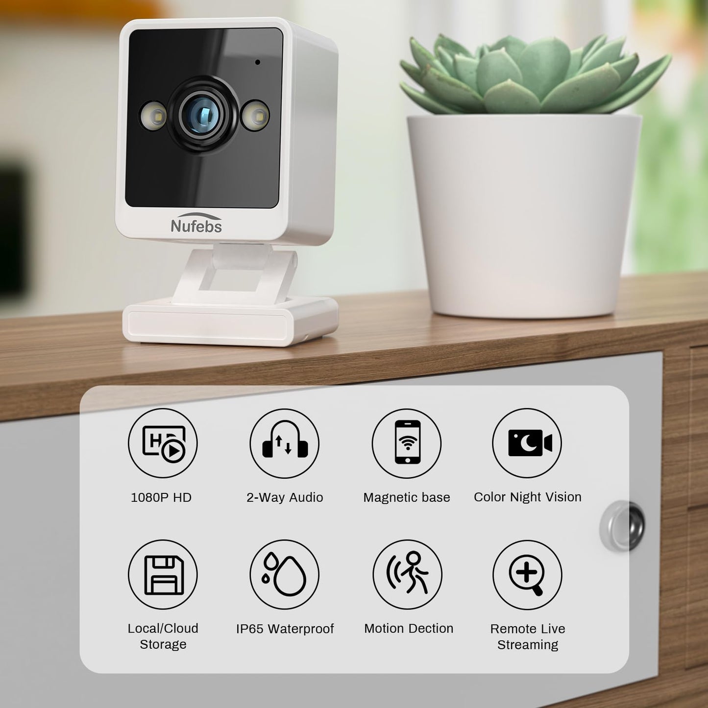 NUFEBS Mini 1080P Security Camera Indoor Compact Plug-in Wired Monitor with 2.4G WiFi Night Vision 2 Way Talk Motion Tracking SD&Cloud Pet Camera for Home Security (White)
