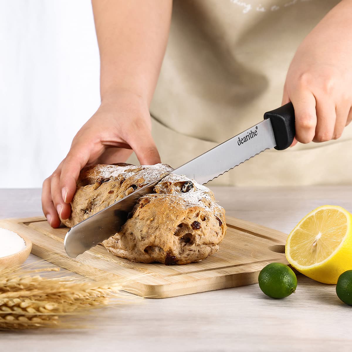 dearithe Serrated Bread Knife with Sheath, Plus a Free 304 Butter Knife,10 inch Black Stainless Steel Sharp Wavy Edge Wide Bread Cutter, For Homemade Bread, Bagels, Cake. Dishwasher Safe