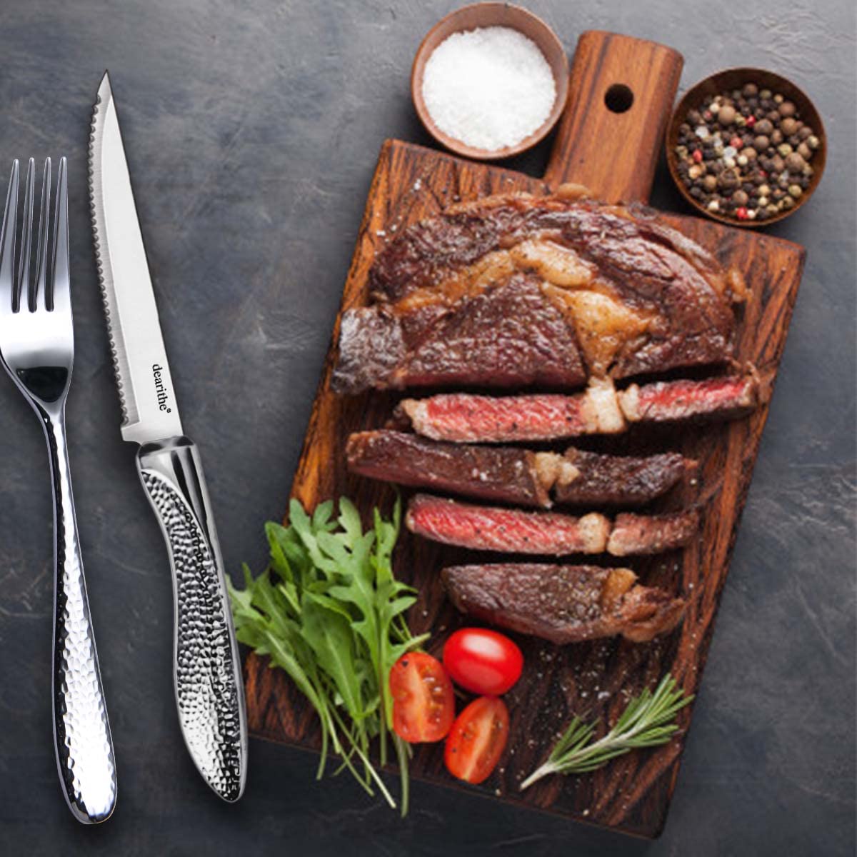 dearithe Steak Knives Set of 6, Stainless Steel Serrated Sharp Blade Steak Knife Set, Hammered Pattern Handle,4.5 In,For Kitchen Restaurant Tableware, Dishwasher Safe