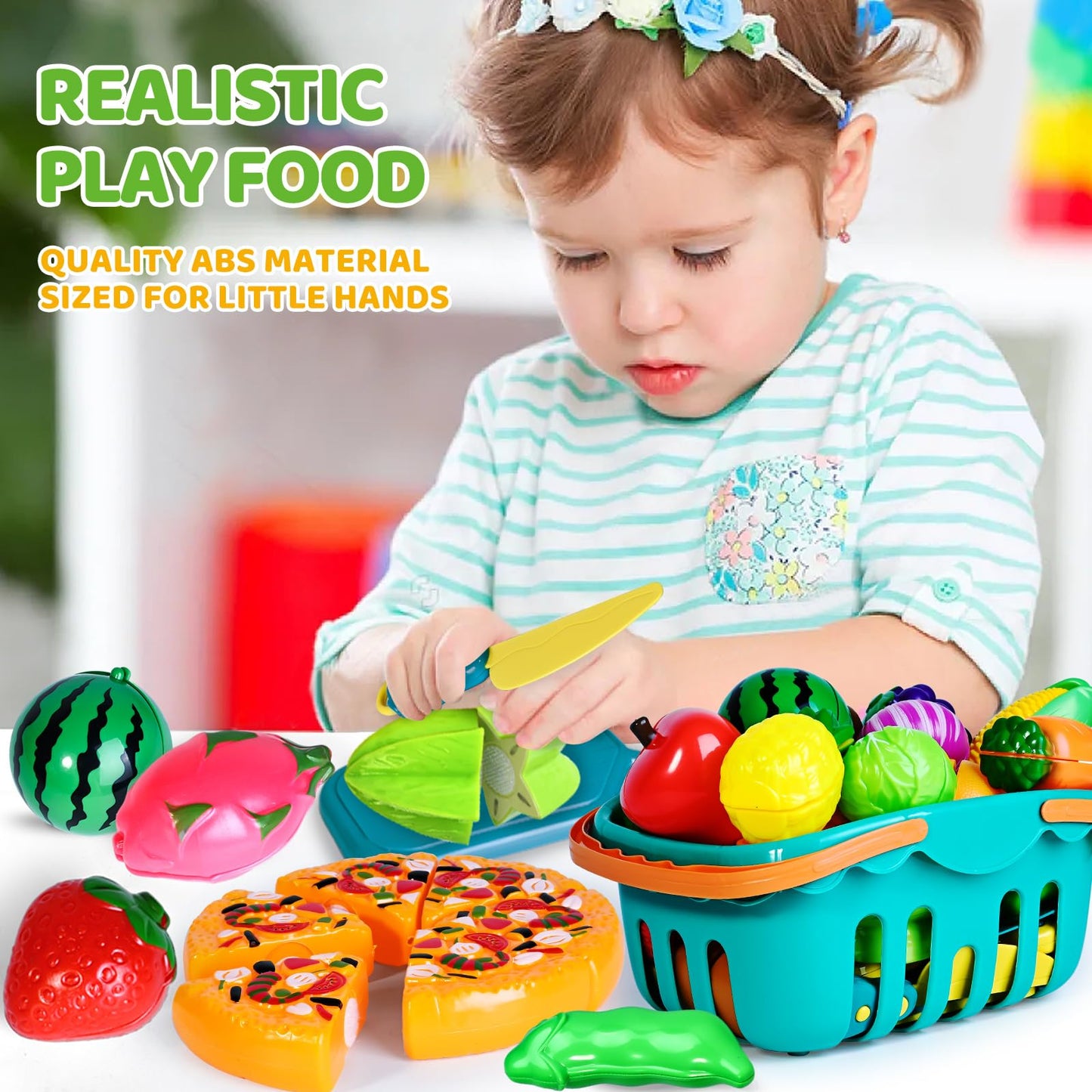 100 PCS Cutting Play Food Toy for Kids Kitchen, Pretend Food Toys for Toddlers, Play Kitchen Toys Accessories with 2 Baskets, Fake Food/Fruit/Vegetable, Birthday Gifts for 3 4 5 Years old Boys Girls