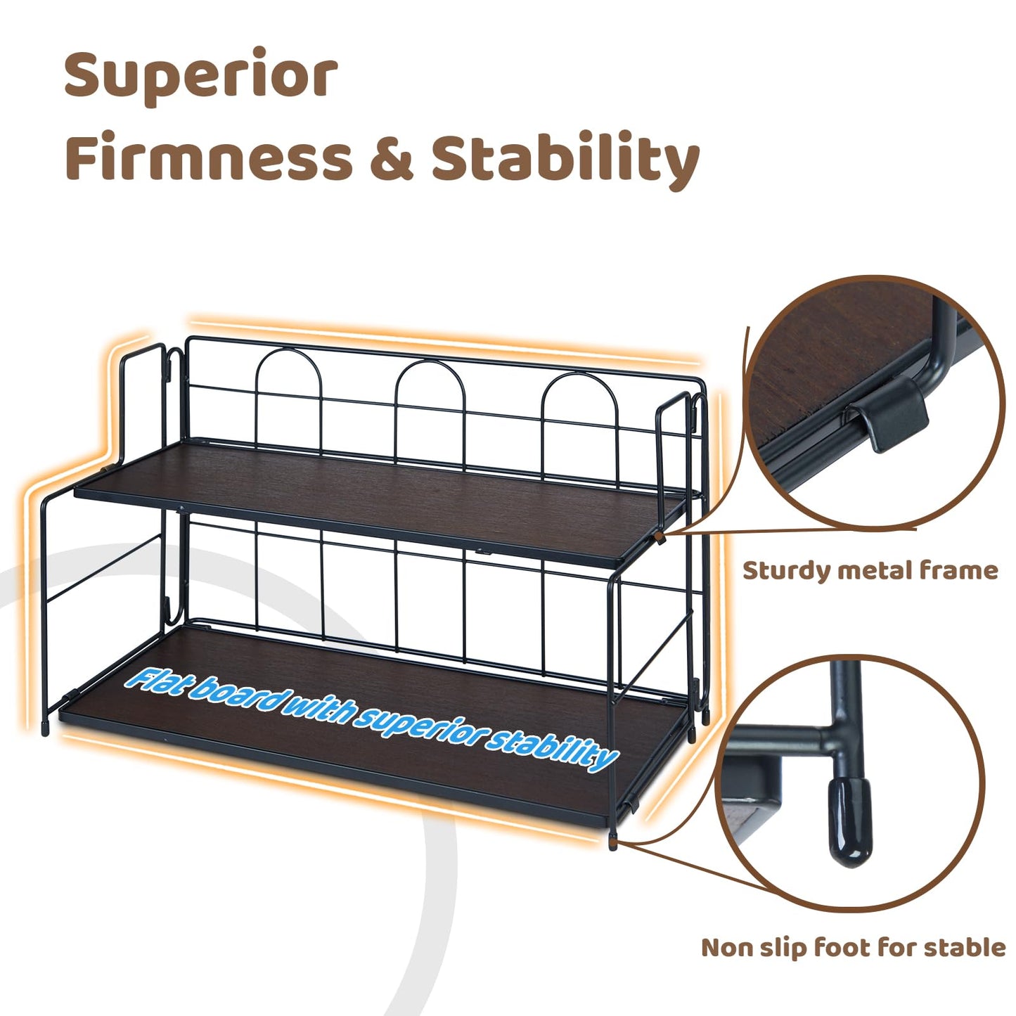 Edergoo Bathroom Counter Organizer 10s Tool-Free Install, 2 Tier Bathroom Organizers and Storage, Collapsible Bathroom Organizer Countertop, Wood Bathroom Kitchen Countertop Organizer, Black