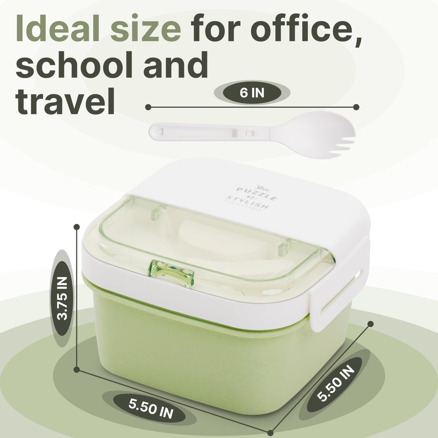 Earth&ME Bento Lunch Box For Kids Adults, 1100 Ml Lunch Box Container With 2 Floors 3 Compartments, Leak-proof Sauce Container, Spork, Bento Box For School Office Travel, Green