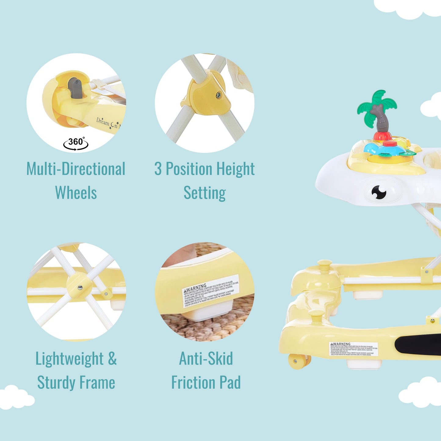 Dream on Me 2-in-1 Aloha Fun Baby Walker in Yellow, Easily Convertible Baby Walker, Adjustable Three Position Height Settings, Easy to Fold and Store