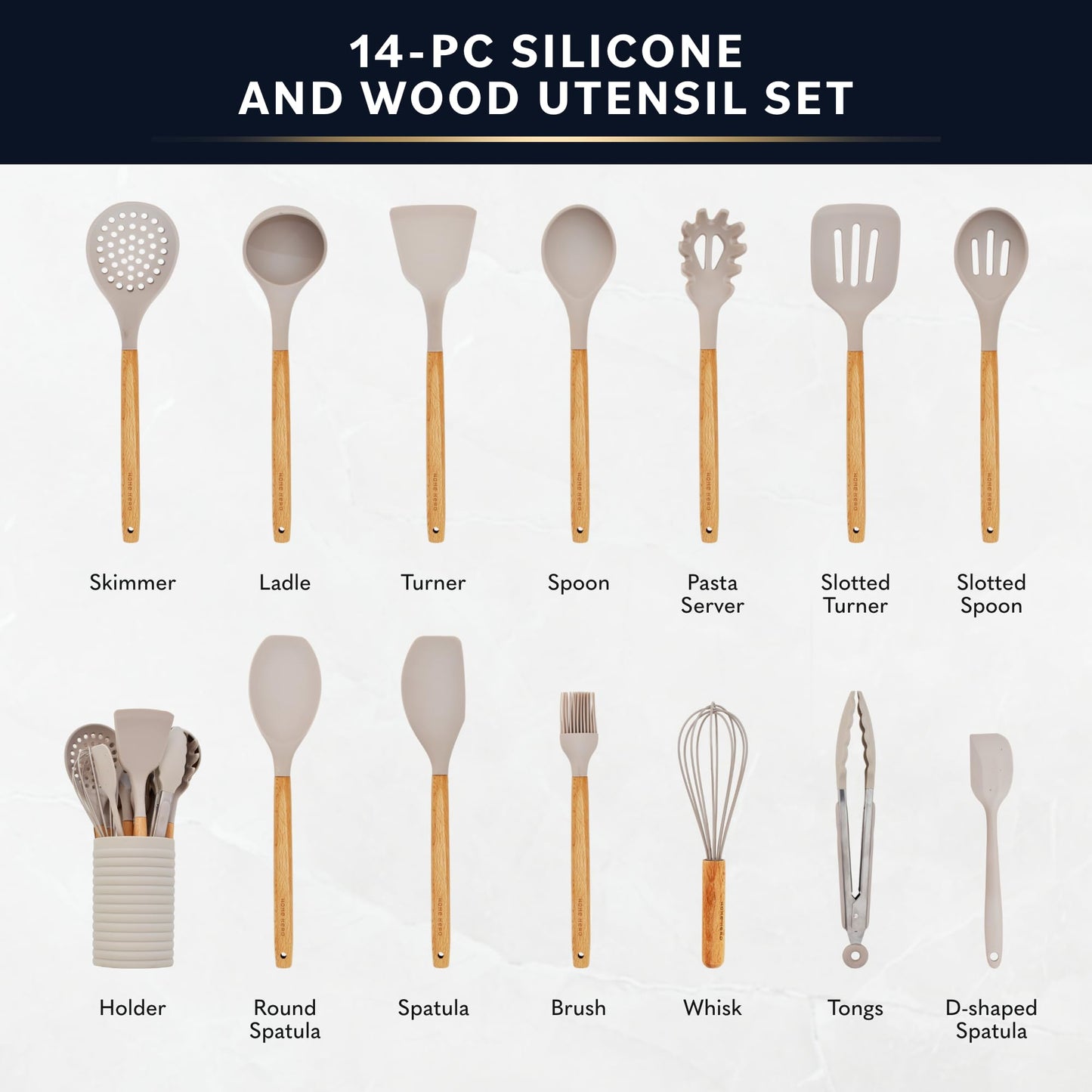 Silicone Kitchen Utensils Set - Silicone Cooking Utensils Set - Silicone Utensils for Cooking - Silicone Spatula Set - Wooden Kitchen Utensil Set - Kitchen Gadgets Utensil Sets (14 Pcs - Stone)