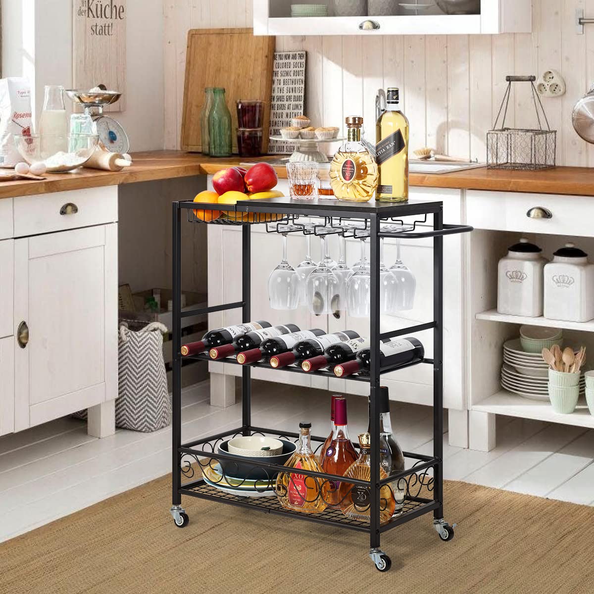 melos Bar Cart, Home Bar Serving Cart, Rolling Wine Cart with 3-Tier Shelf, Beverage Bar Cart with Wine Rack, Bar Cart with Wheels for Kitchen, Black