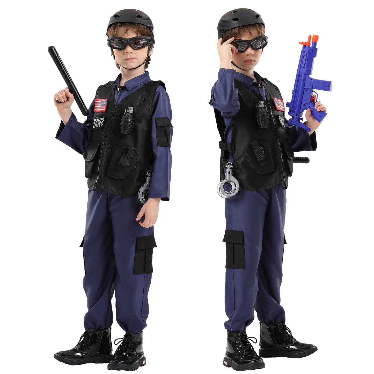 Kodvinp Police Officer Costume for Kids, SWAT Costume for Boys with Vest, Complete Halloween Costumes for Kids 3-10-12