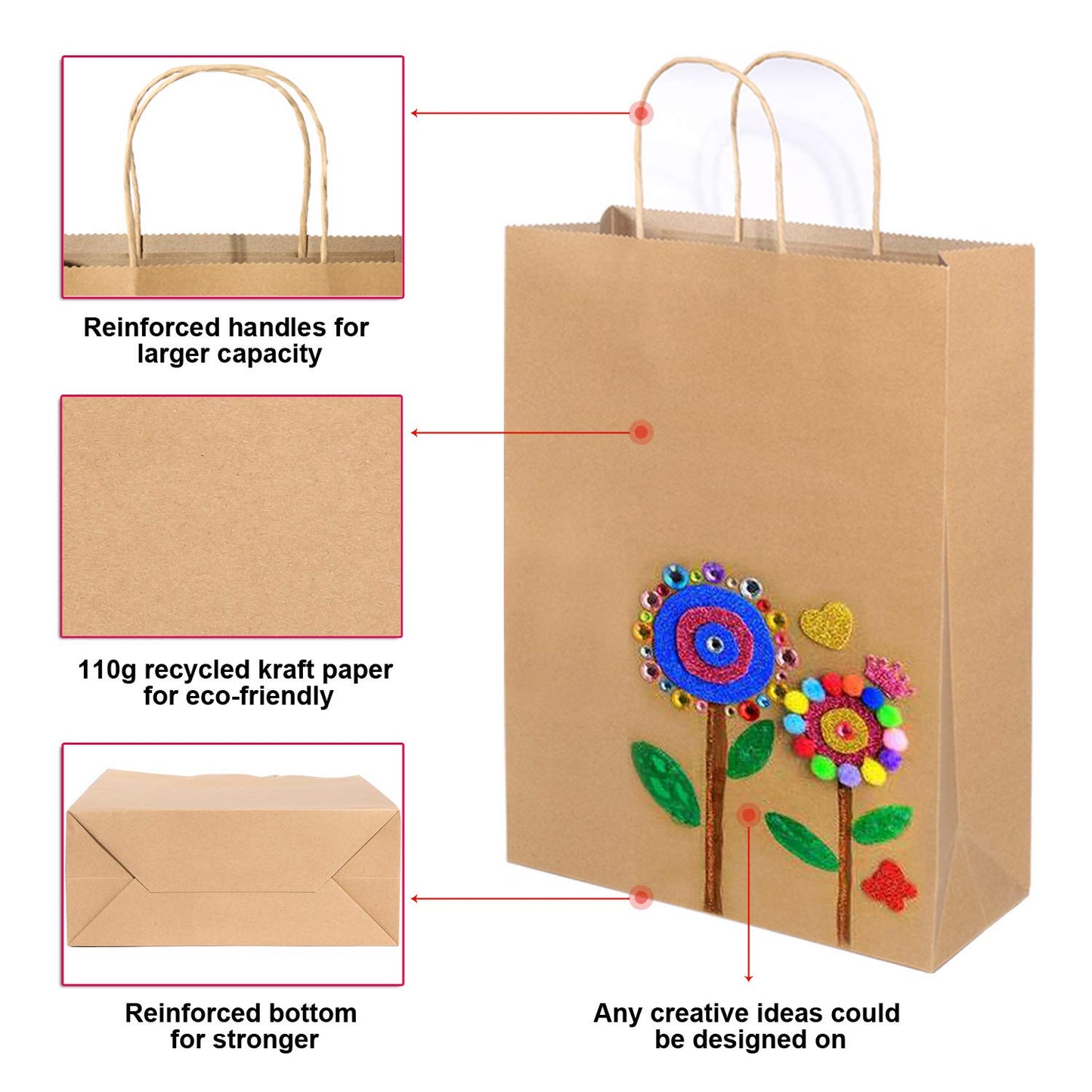Brown Kraft Paper Gift Bags with Handles, 100 Pcs