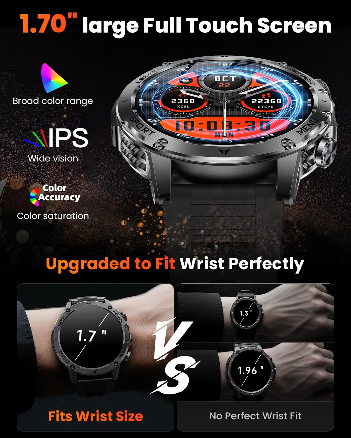 Military Smart Watches for Men, 1.7″ Smart Watch with 1000 mAh Battery, Led Flashlight, Answer/Make Calls, IP68 Waterproof, Heart Rate/Sleep Monitor 100+ Sport Modes Fitness Watch for Android/iPhone