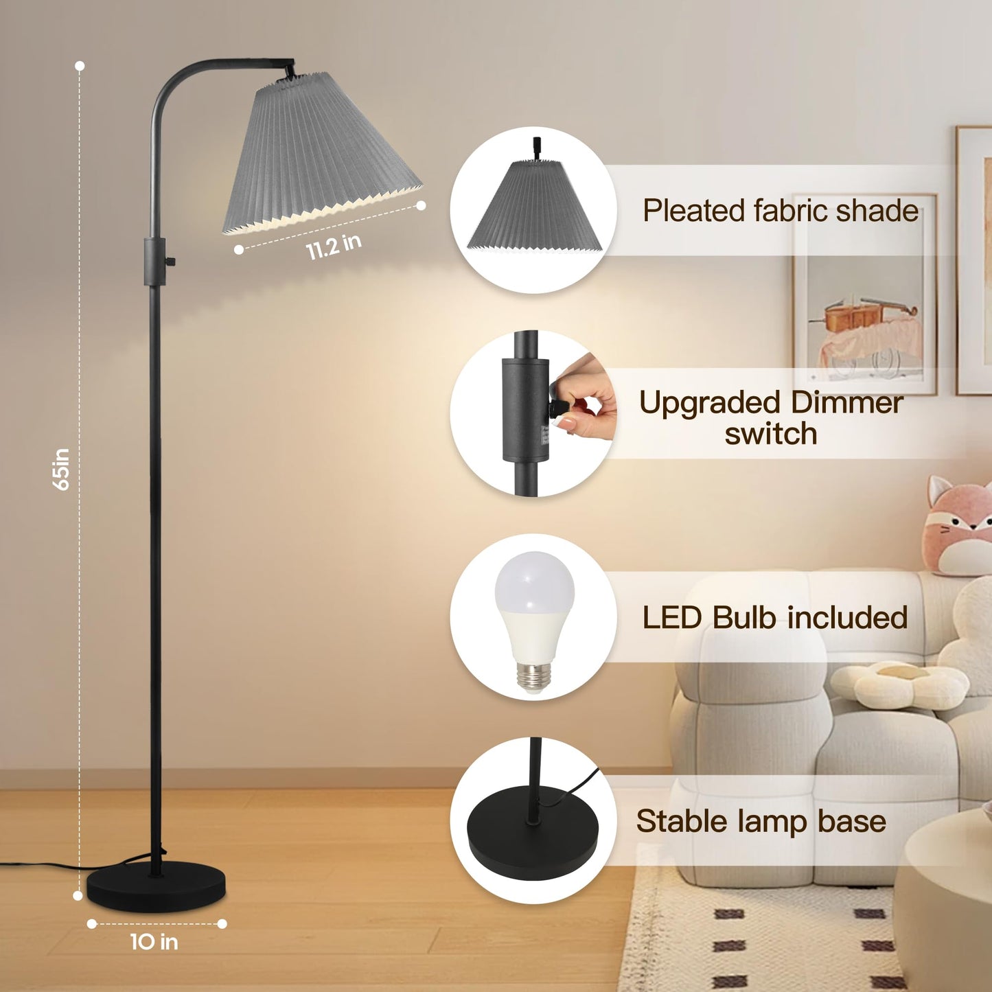 COFF Dimmable Floor Lamp, Arc Standing Lamp with 1000 Lumens LED Edison Bulb Included, Pleated Shade Modern Tall Pole Lamp for Living Room, Bedroom, Office, Color Gray