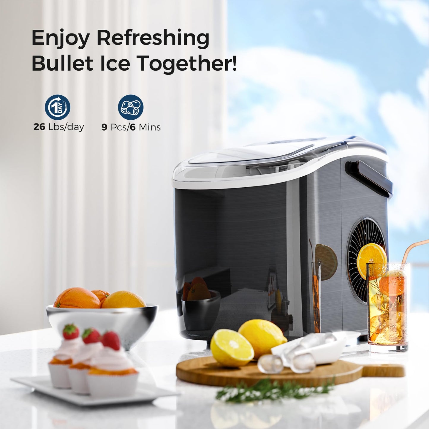 AGLUCKY Ice Makers Countertop, Portable Ice Maker Machine with Handle,26.5lbs/24Hrs, 6Mins/9Pcs Bullet Ice,Self-Cleaning Countertop Ice Maker with Ice Scoop for Home & Kitchen(Stainless Steels Black)