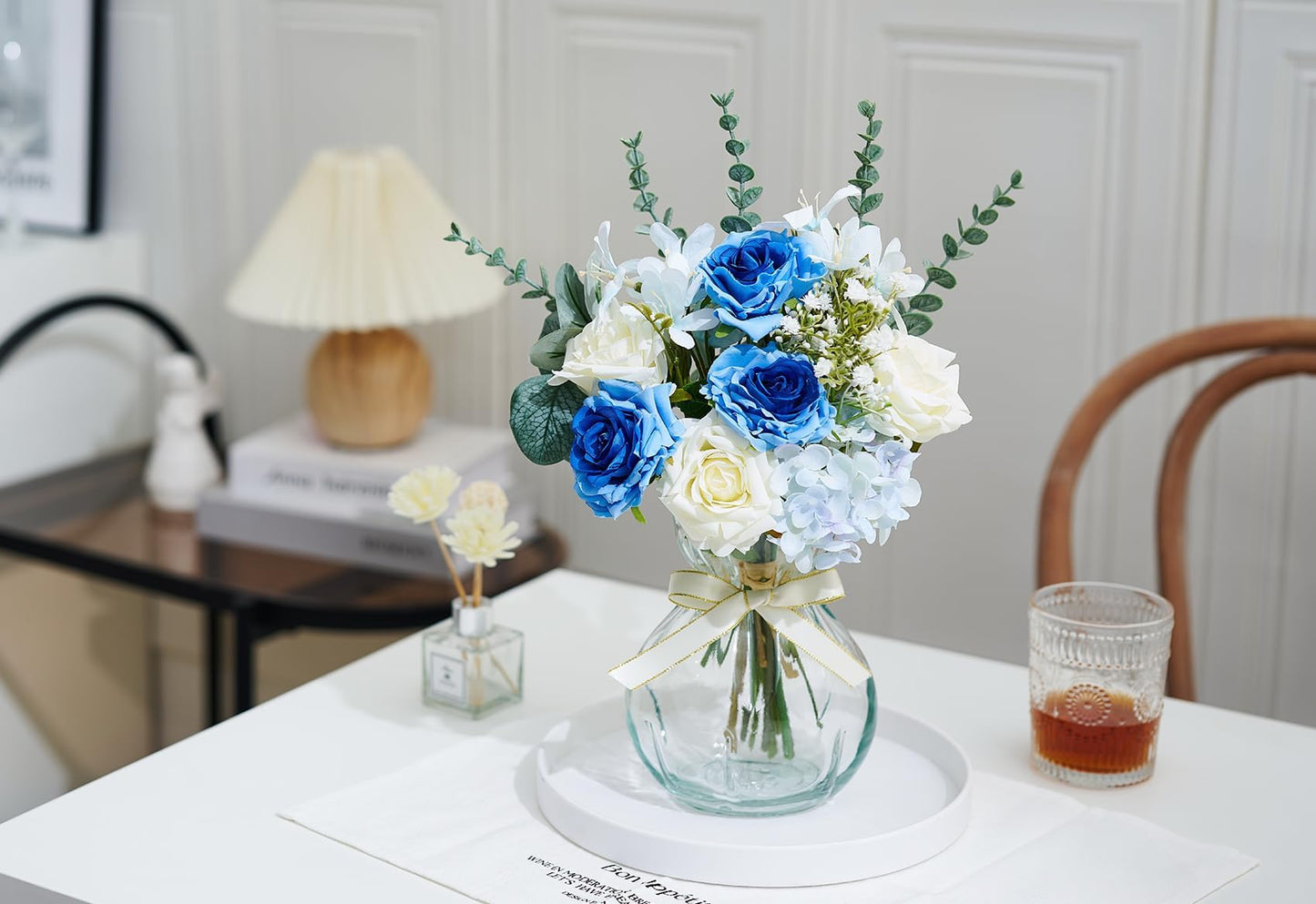 COZZI CODI Fake Flowers Artificial Blue White Roses Flower with Vase, Faux Silk Flowers Plants Decor for Home, Dining Table Decoration, Bathroom Decor, Living Room Coffee Table Decor