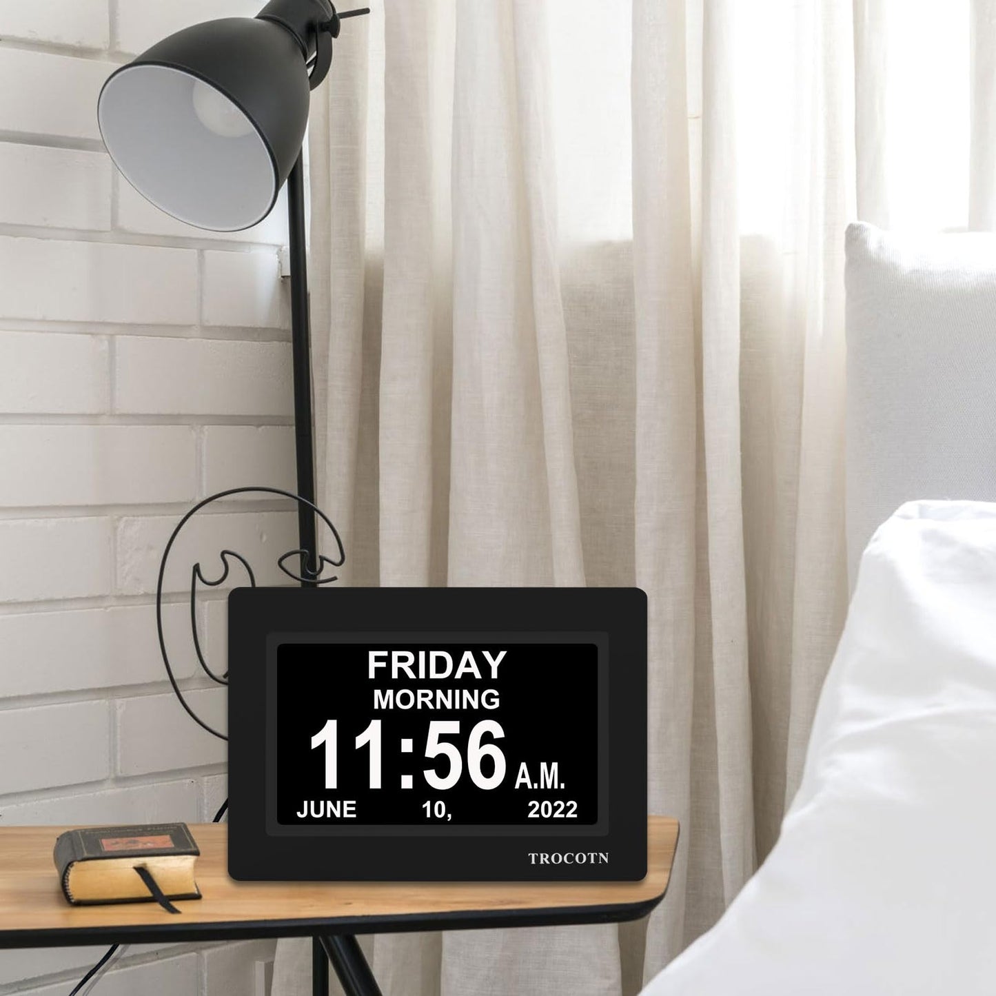 TROCOTN 7 Inches Calendar Clock Dementia Clock Large Display Alarm Clock with Auto DST for Seniors, 5 Display Modes Large Font Digital Clock with Custom Alarms Day Date Clock Wall Clock(Black)