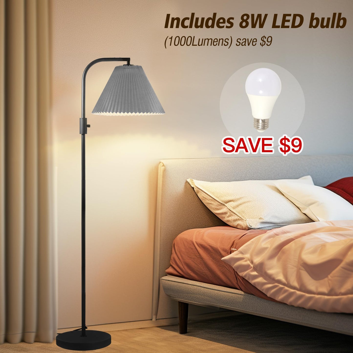 COFF Dimmable Floor Lamp, Arc Standing Lamp with 1000 Lumens LED Edison Bulb Included, Pleated Shade Modern Tall Pole Lamp for Living Room, Bedroom, Office, Color Gray
