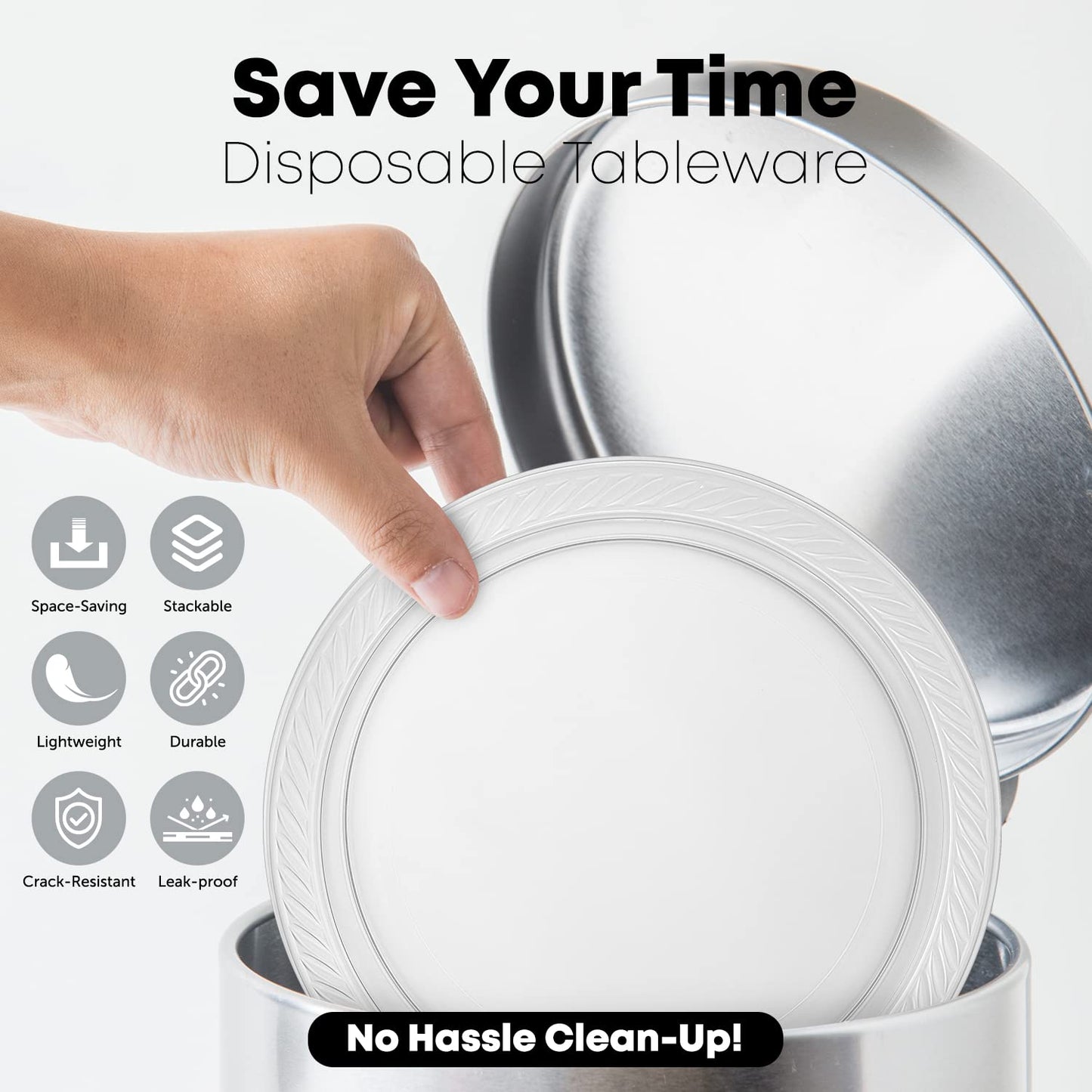 780 Piece Disposable Clear Tableware Set for 120 Guests By Framo - Microwavable Plastic Dinnerware Set of 120 9” Plates, 180 6” Dessert Plates, 120 9oz Cups,120 Spoons, Forks, Knives,