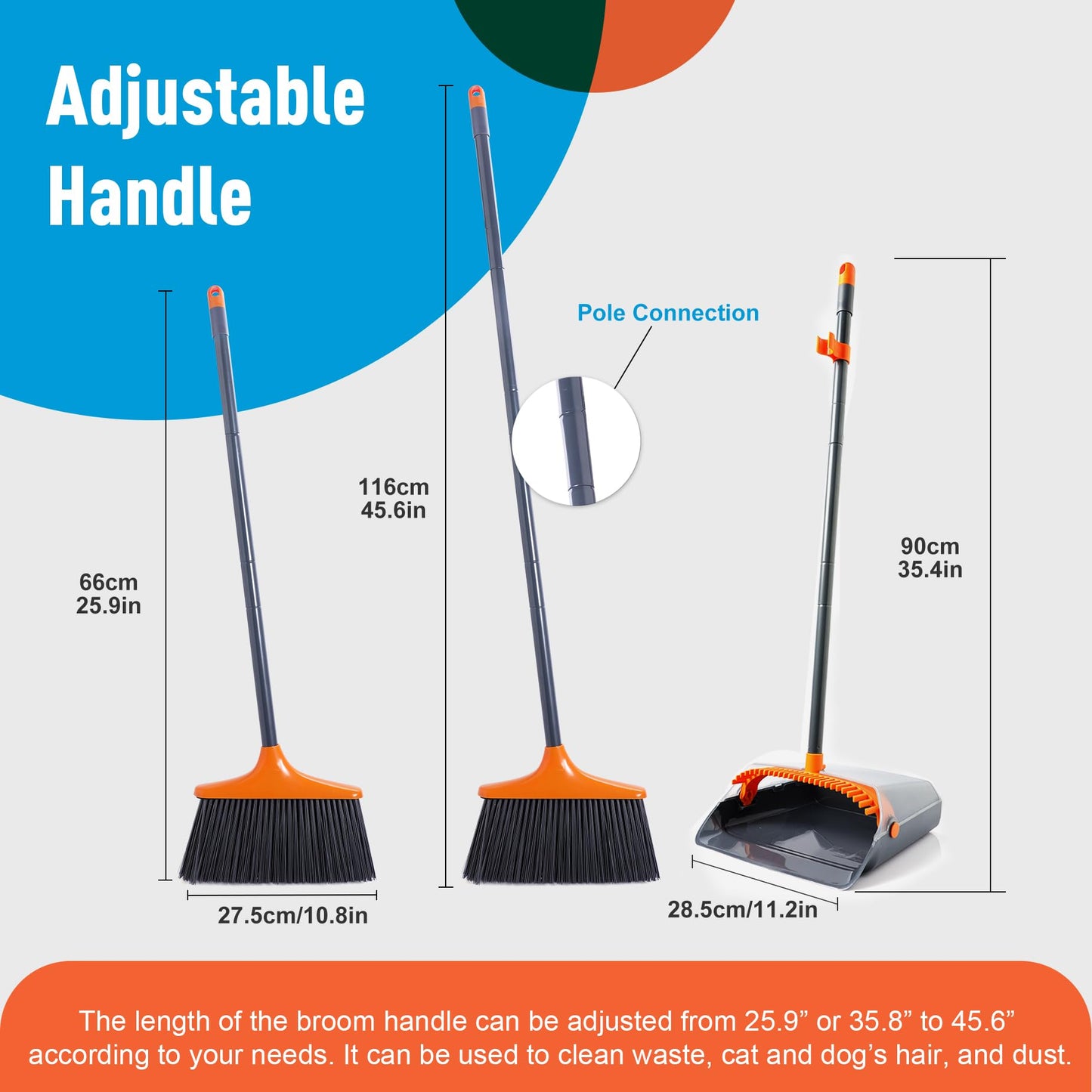 CLEANHOME Upgrade Broom and Dustpan Combo Set with Teeth for Home Kitchen Garden Cleaning, Long Handle Broom and Standing Dustpan Set for Indoor Sweeping,Grey