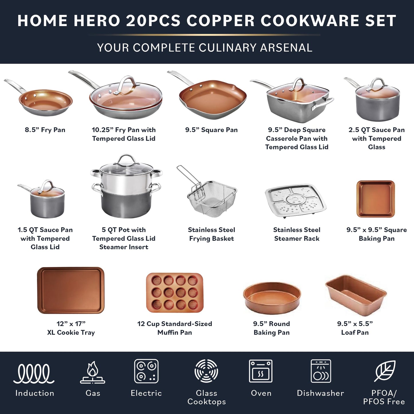 Home Hero 20-Piece Nonstick Cookware Set - Copper