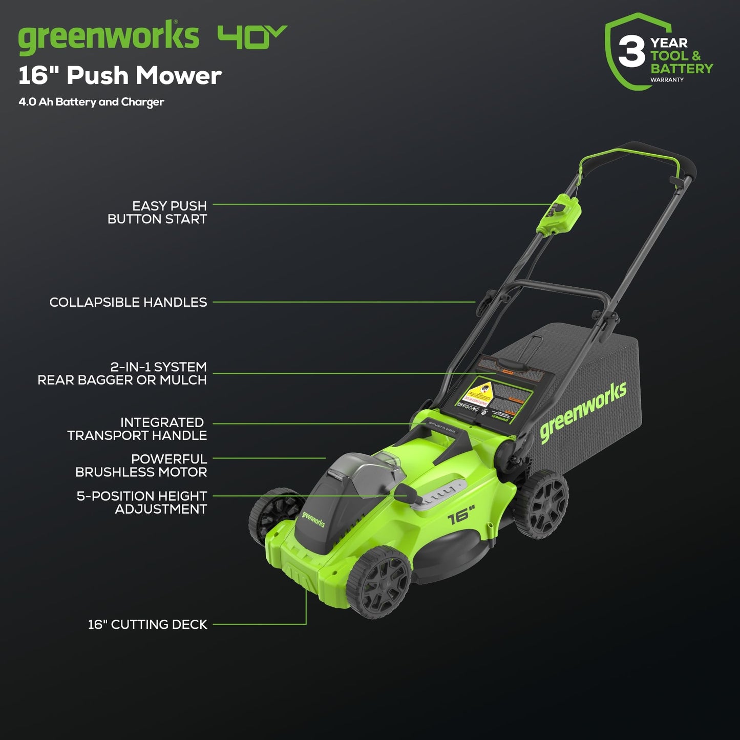 40V Brushless Cordless Lawn Mower by Greenworks