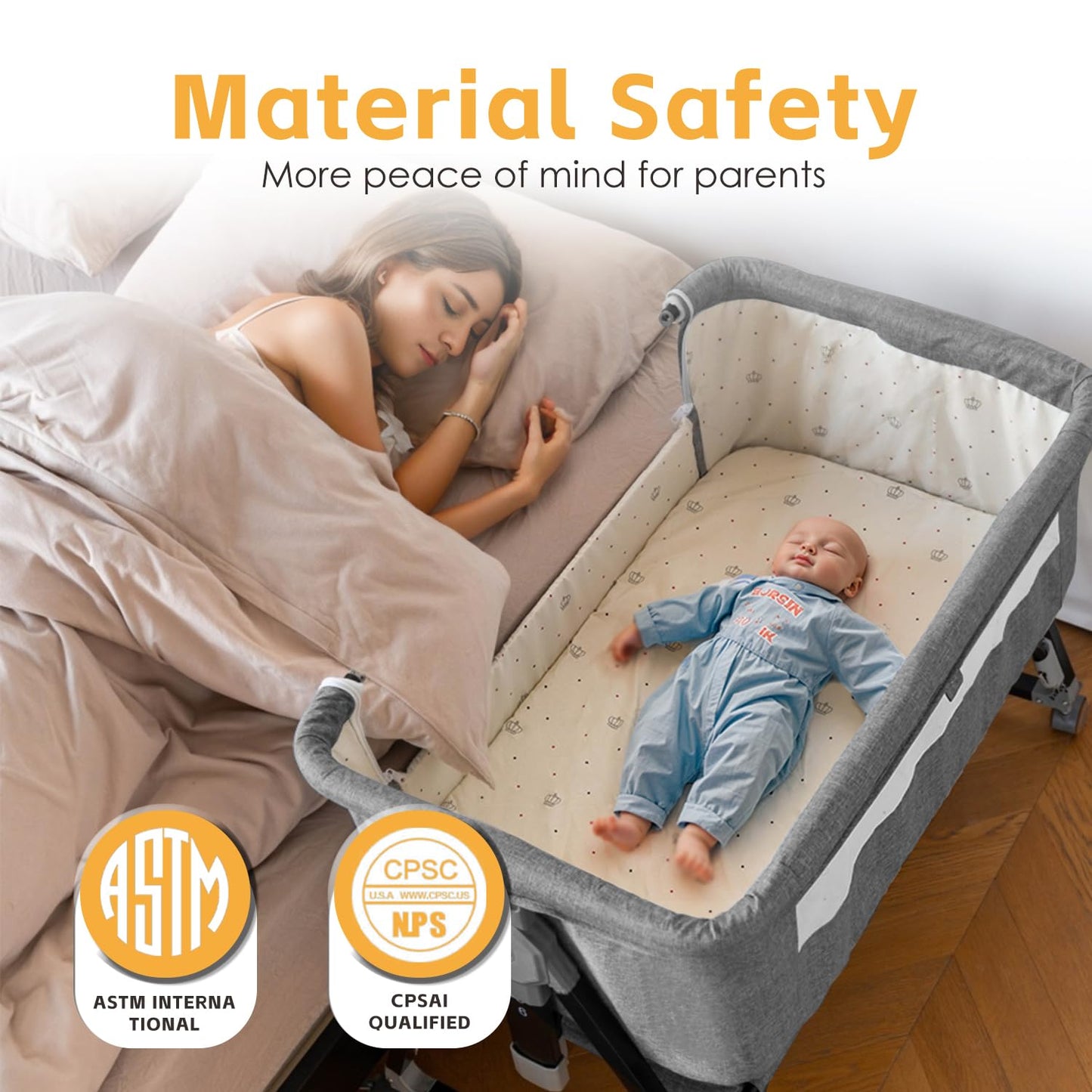 venowu Bedside Crib, 3 in 1 Bassinet with Quick Height Adjustment and Mosquito Nets, Easy to Fold, Portable Beside Bassinet with Golden Triangle Structure, CPSC Certification(Deep Grey)