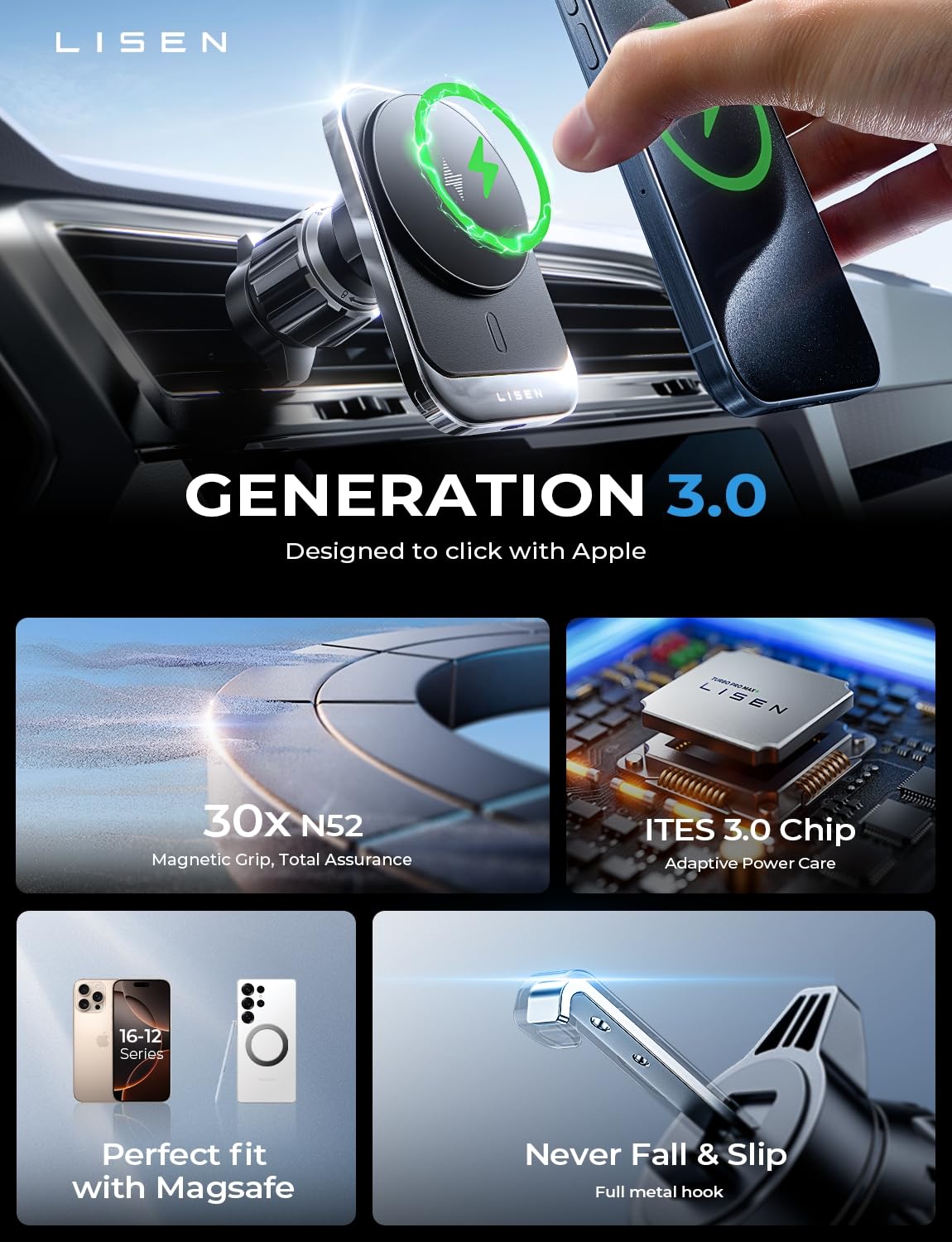 LISEN MagSafe Car Mount Charger for iPhone