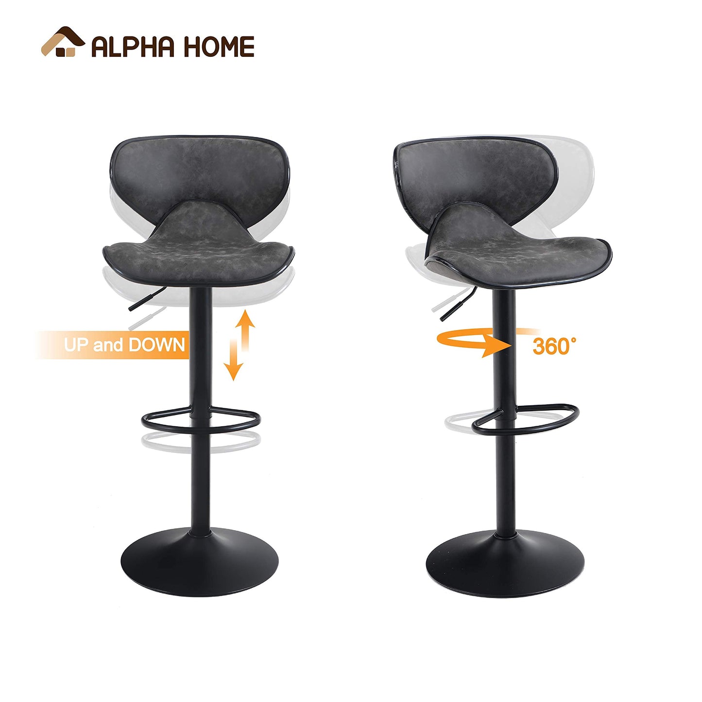 ALPHA HOME Bar Stools Modern Counter Height Bar Stools, PU Leather Adjustable Swivel Barstools, Armless Kitchen Counter Stools Dining Chairs Set of 2 (Grey)