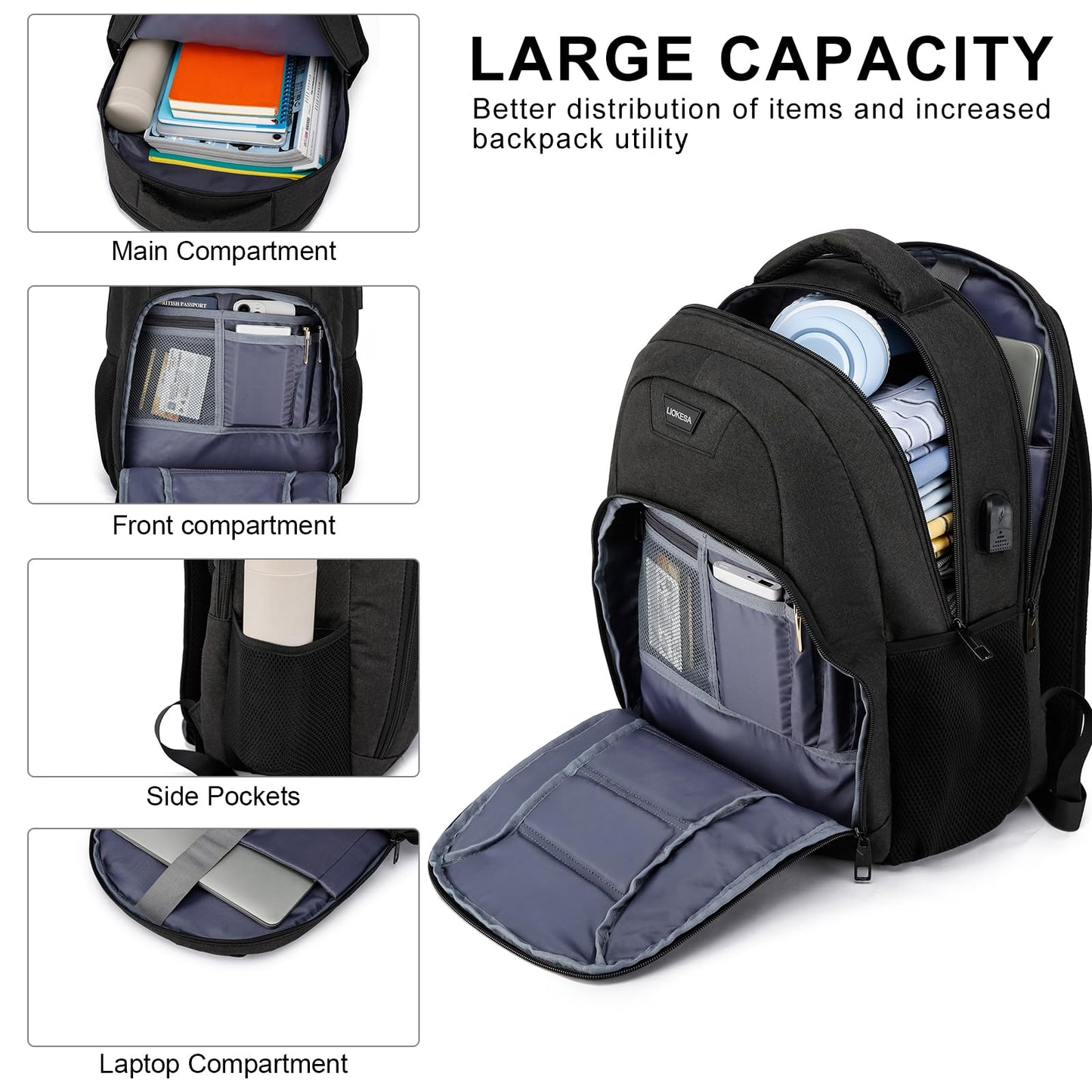 Liokesa Laptop Backpack for Men Women, School Backpacks for Teen Boys Girls, Black Backpack with USB Charging Port, 15.6 Inch Water Resistant College Bookbag Daypack