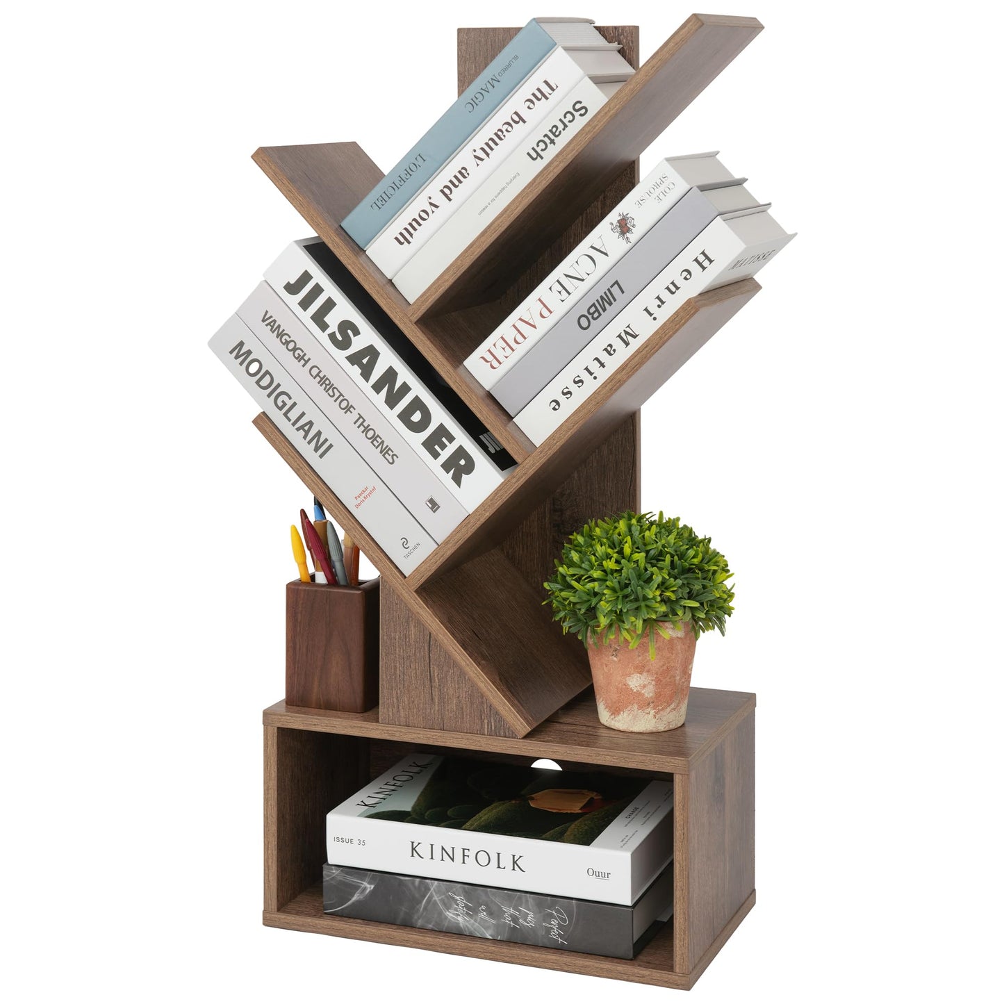 Labcosi 3 Tier Tree Bookshelf, Small Bookshelf with Open Storage Space, Wood Shelf for Storing Books, Book Organizer Shelves for Home Office, Bedroom, Living Room