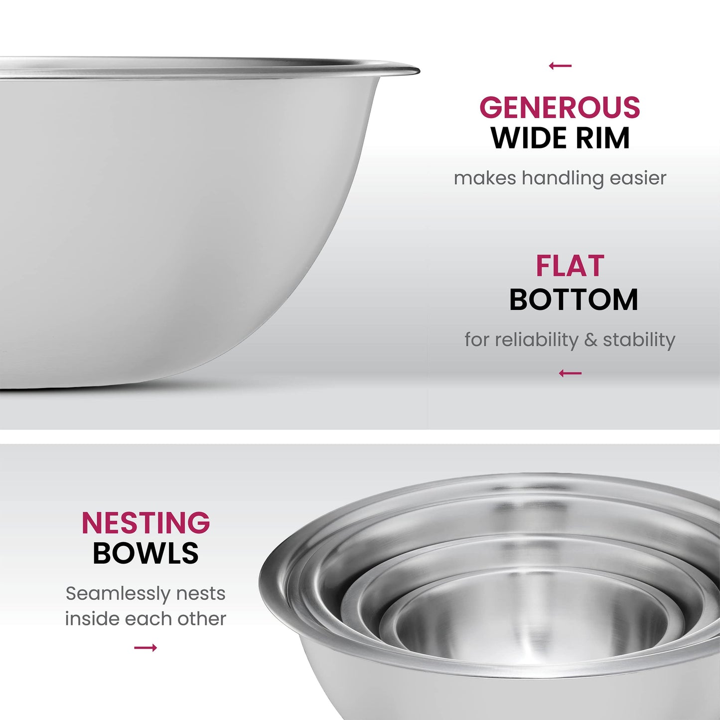 FineDine Stainless Steel Dishware Bowls - Easy To Clean, Nesting Bowls for Space Saving Storage, Great for Cooking, Baking, Prepping, 8 Quarts