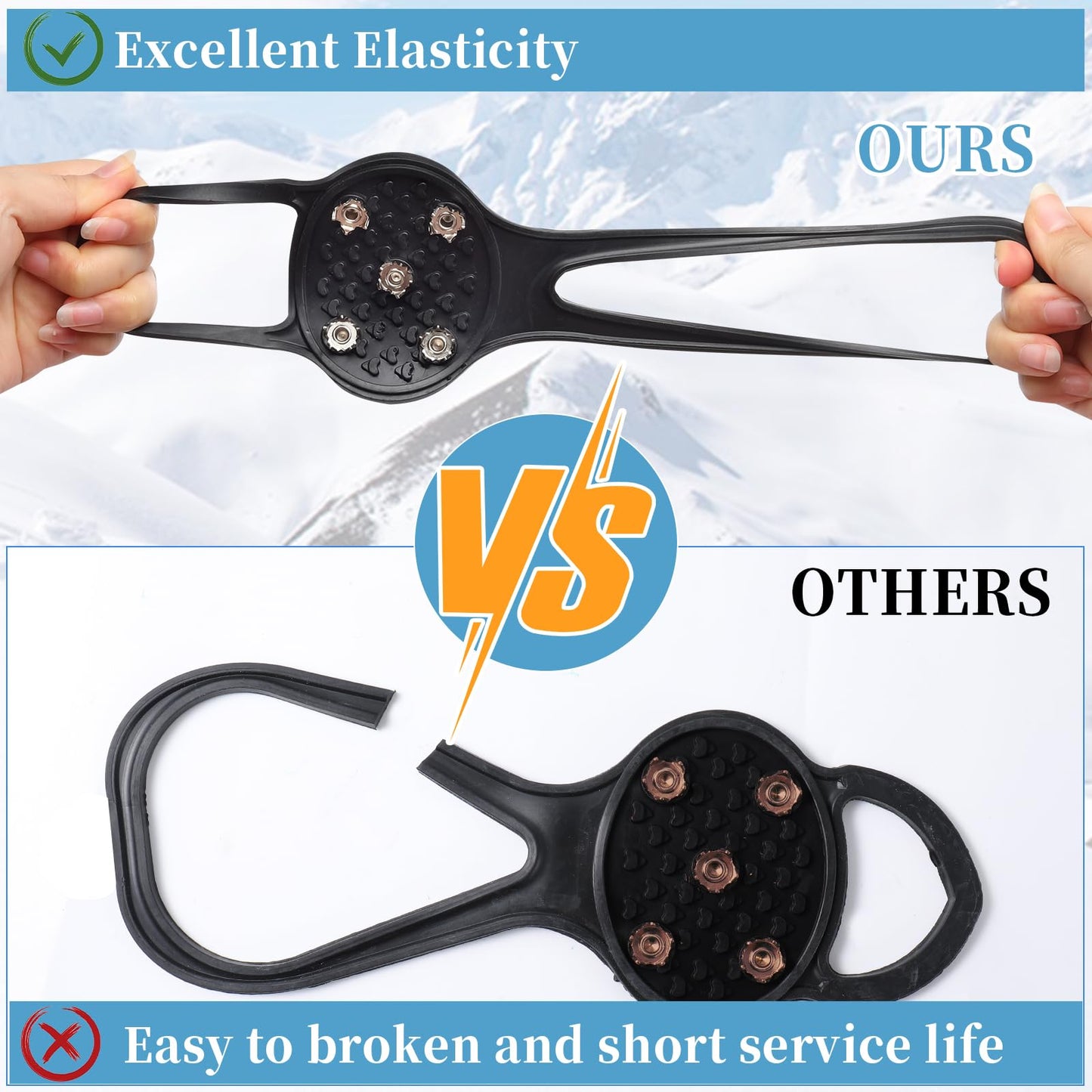 LACE INN Non Slip Gripper Spike, Ice Grippers Traction Cleats Snow Shoe Spikes Grips Crampons with 10 Steel Studs Cleats 2 Pair