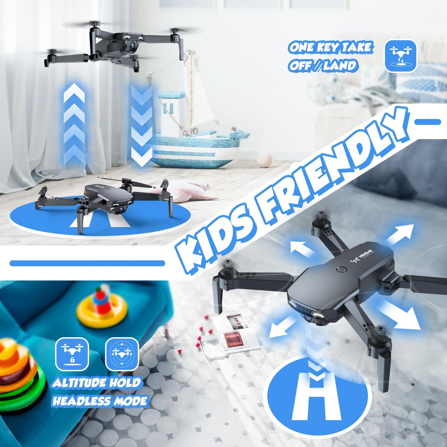 NEHEME NH525 Foldable Drones with 1080P HD Camera for Adults, RC Quadcopter WiFi FPV Live Video, Altitude Hold, Headless Mode, One Key Take Off Kids or Beginners 2 Batteries, Upgraded Version