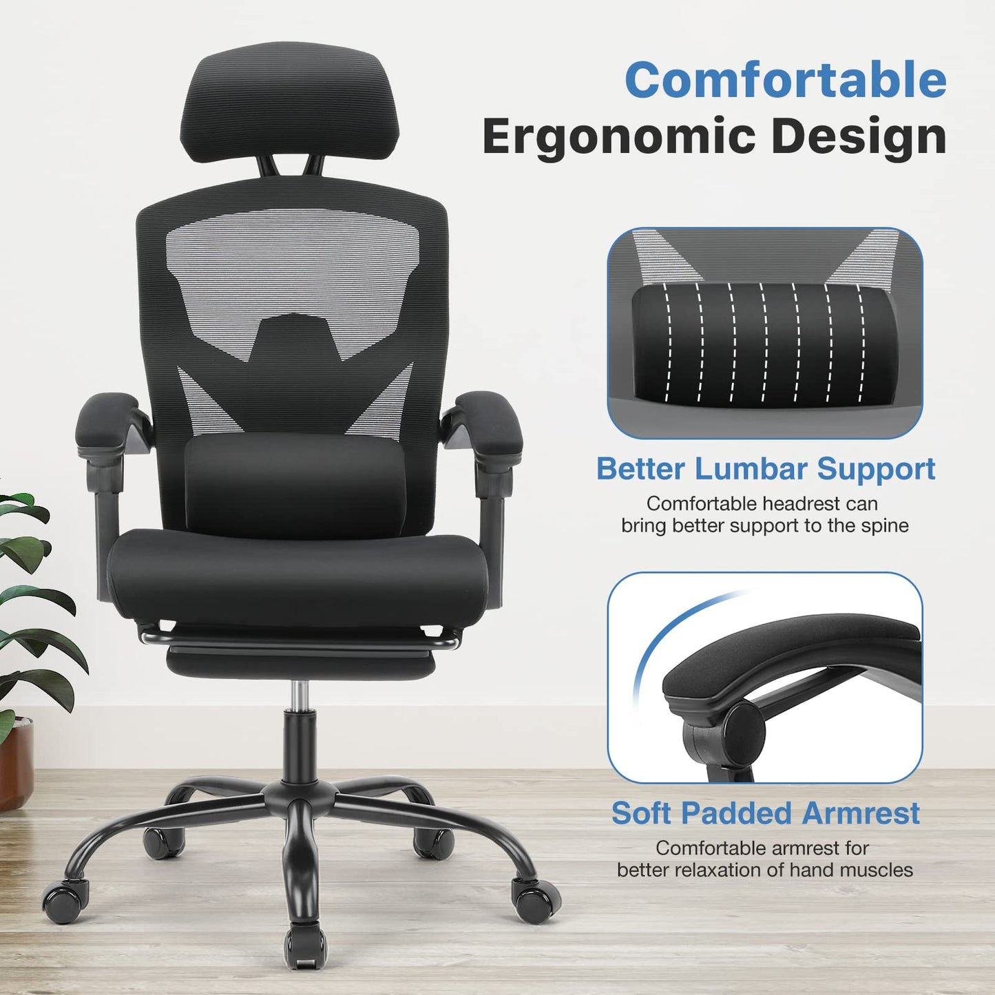 AFO Ergonomic Office Chair, High Back Office Chair with Lumbar Pillow & Retractable Footrest, Mesh Office Chair with Padded Armrests and Adjustable Headrest, Height Adjustable, Dark Black (WY-9053-BK)