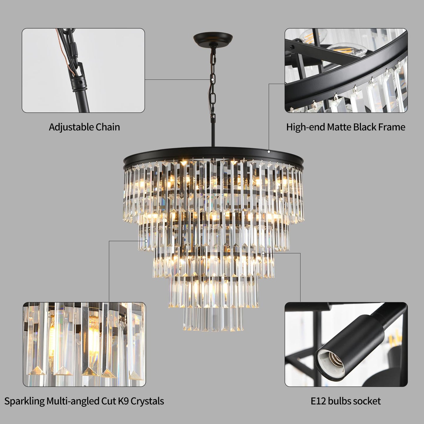 Blinghy Black Crystal Adjustable Chandelier for Home