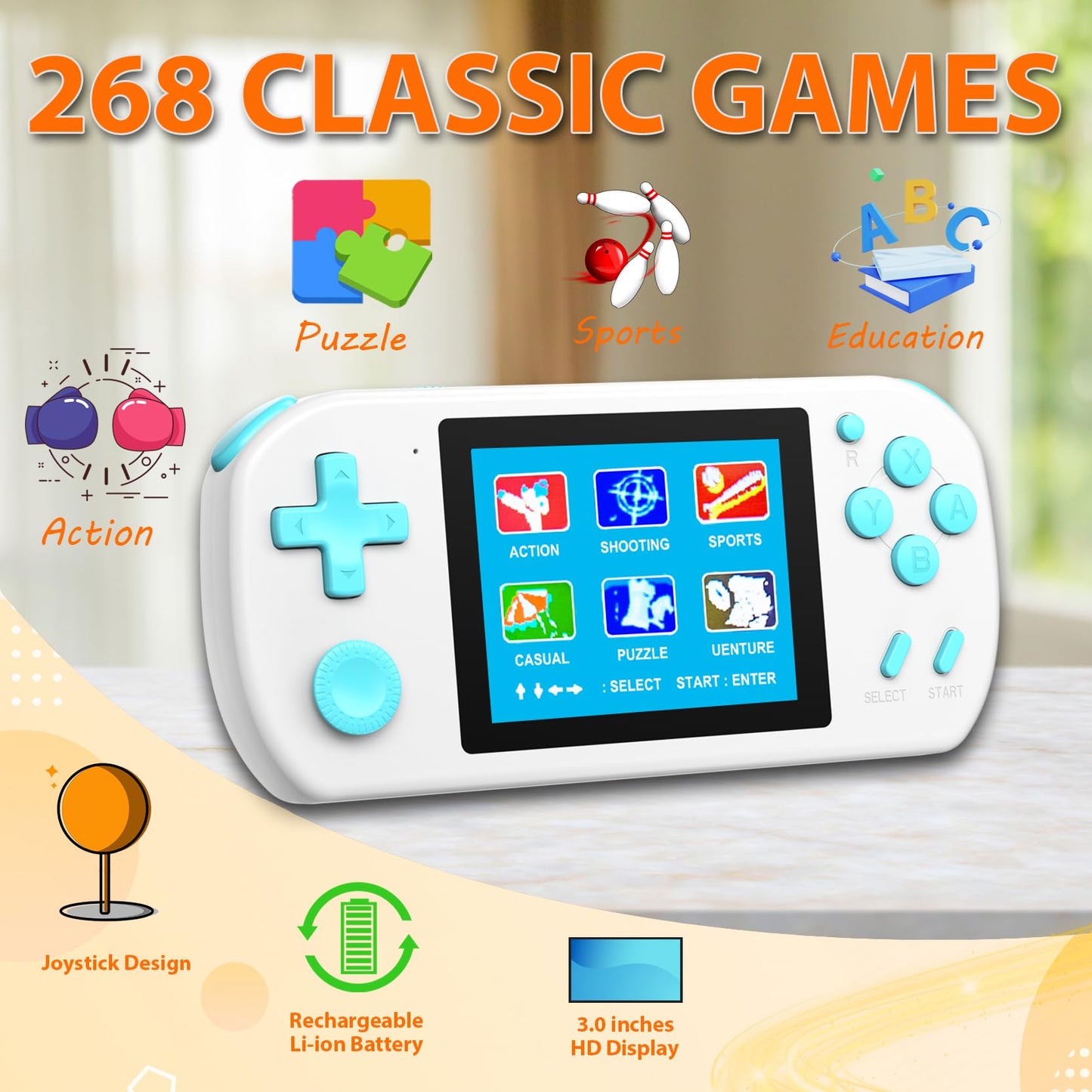 Beico Handheld Games for Kids Adults with Built in 268 Classic Retro Video Games,3.0'' Color Screen Rechargeable Portable Arcade Gaming Player,Boys Girls Travel Electronics Toys Birthday Gift (White)