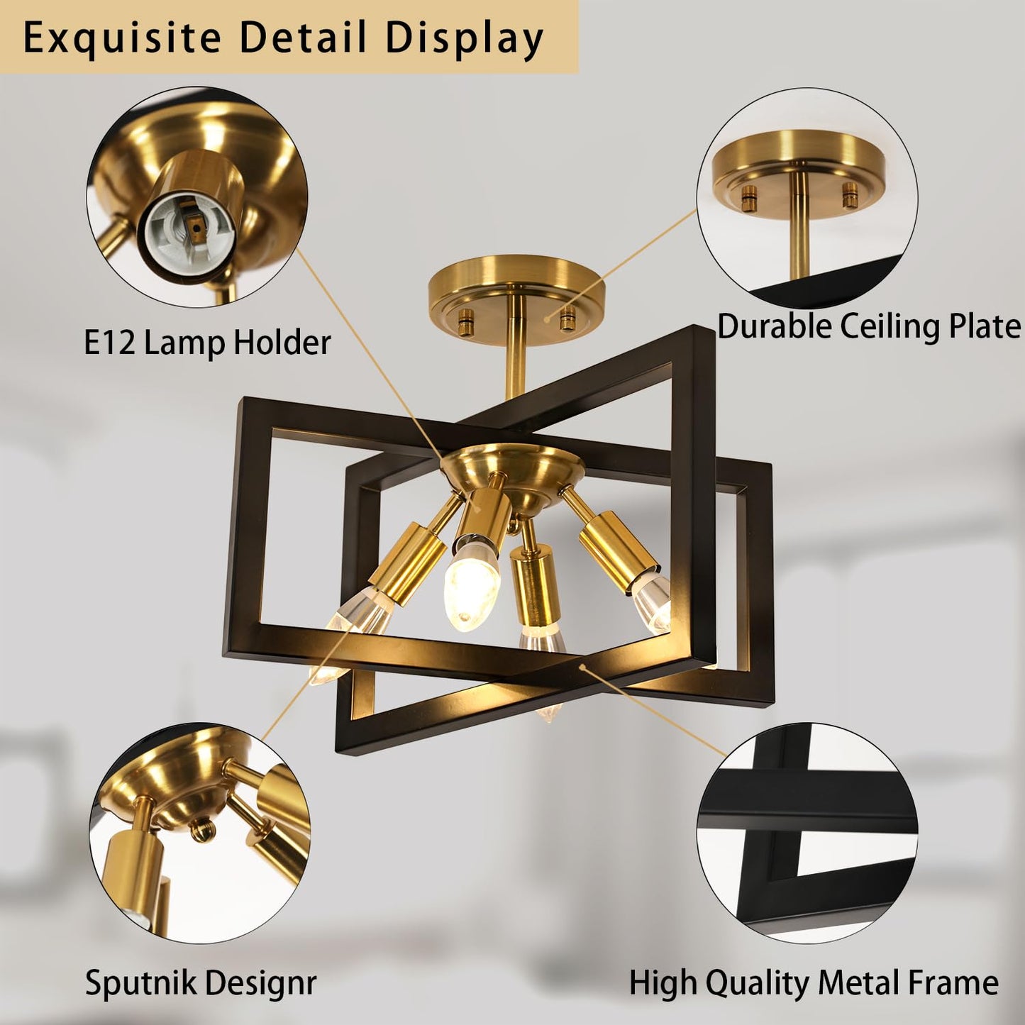 DELIPOP Semi Flush Mount Ceiling Light, 4-Light Gold Farmhouse Industrial Ceiling Light Fixtures with Black Square Metal Frame Close to Ceiling Light for Kitchen, Dining Room, Living Room, Bedroom