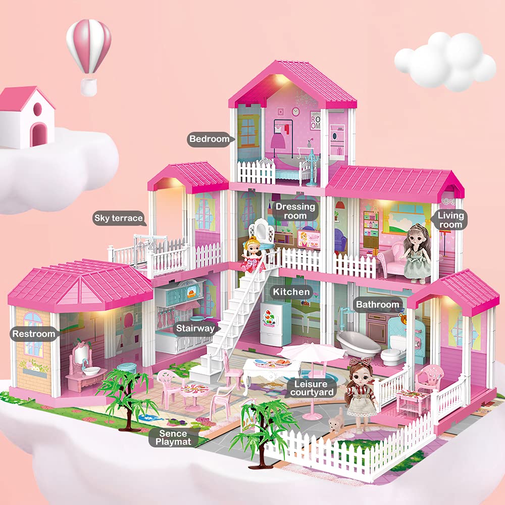Dollhouse Building Toy Set with 5 Lights,3 Dolls& 2 Pets Princess Doll House and Furniture,Accessories,Stairway,Best STEM Pretend Play Toys for Girls Toddlers 27.7" Tall (9 Rooms)