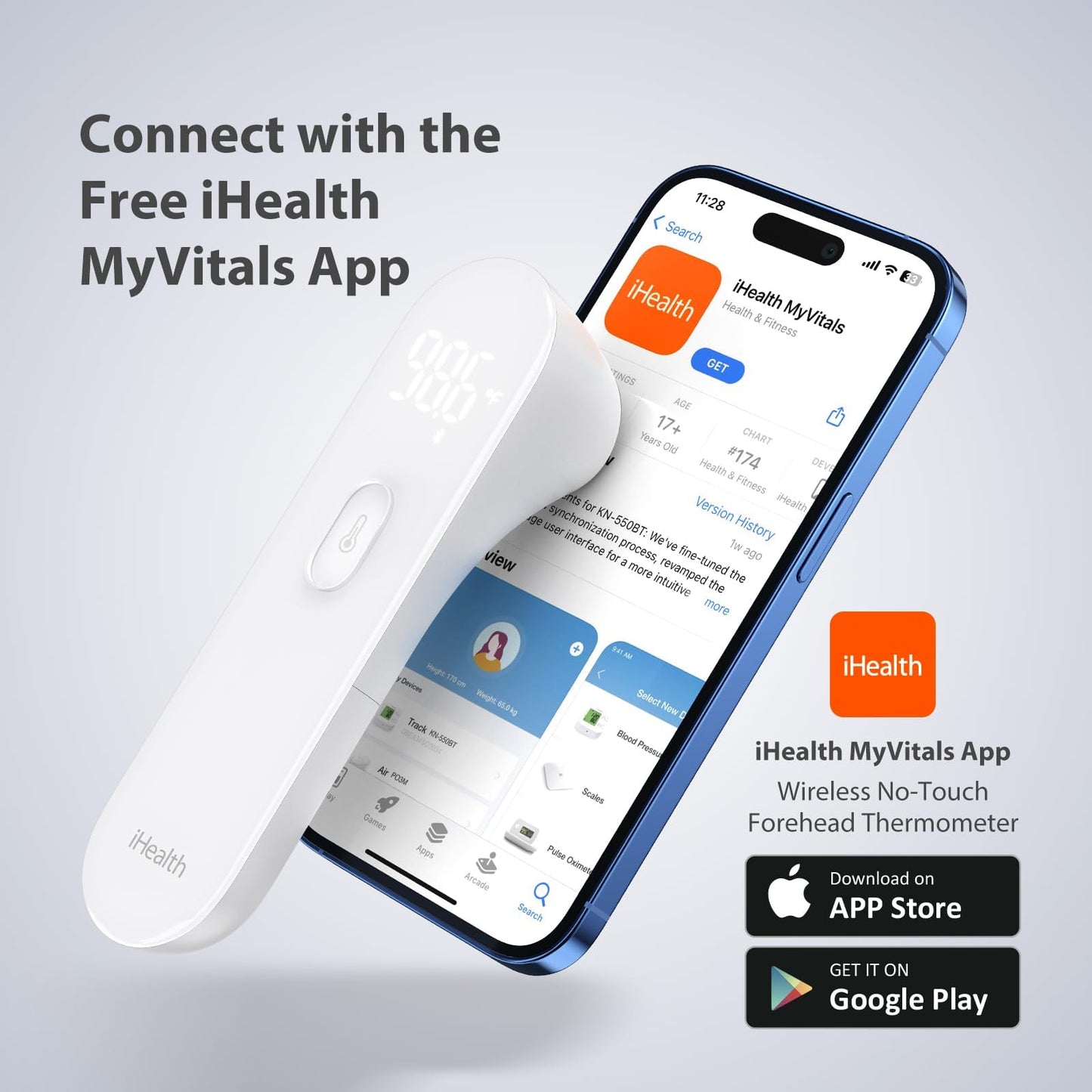 iHealth Smart Bluetooth Thermometer for Adults and Kids - Wireless No-Touch Digital Thermometer for Forehead - 3 Ultra-Sensitive Sensors, Large LED Digits, Vibration Mode - for Home Use, PT3SBT