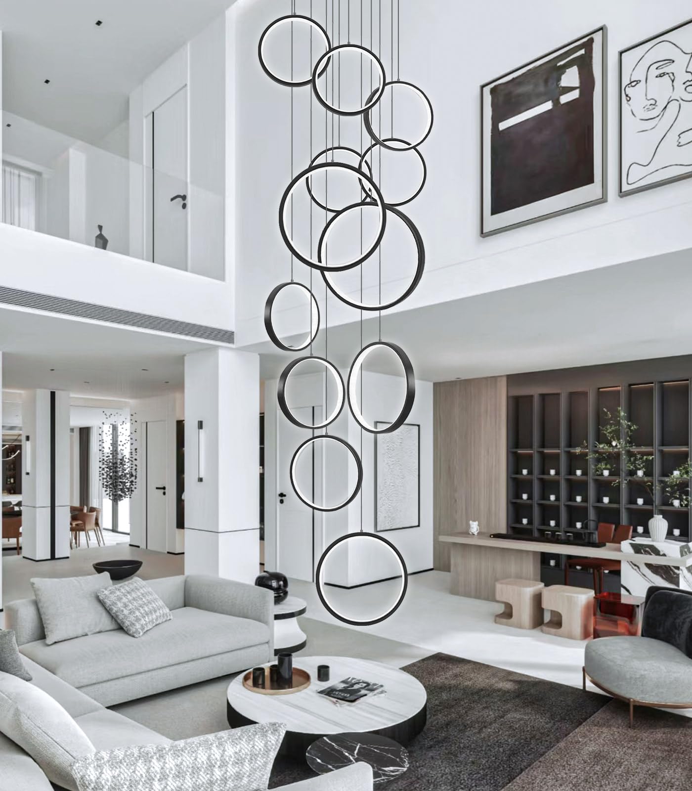 dolria Modern 12 Rings Chandeliers for Entrance LED Lights Living Room Light Chandeliers Flush Mount Ceiling Pendant Lighting 2700K 6000K Dimmable Chandelier Stairwell Foyer Enterway