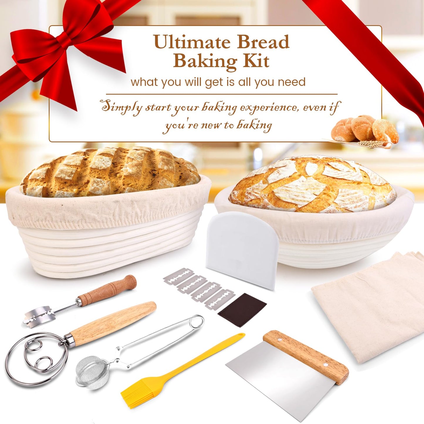 Banneton Bread Proofing Basket Set, Oirfaxs 10 Inch Oval & 10 Inch Round Sourdough Bread Baking Supplies Proofing Basket with Bread Lame,Danish Dough Whisk,Bowl& Dough Scrapers, Complete Baking Gifts