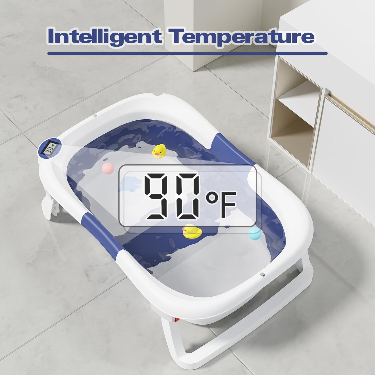 NAPEI Collapsible Baby Bathtub,Baby Bath Tub with Soft Cushion & Thermometer,Baby Bathtub Newborn to Toddler 0-36 Months,Portable Travel Baby Tub,Blue
