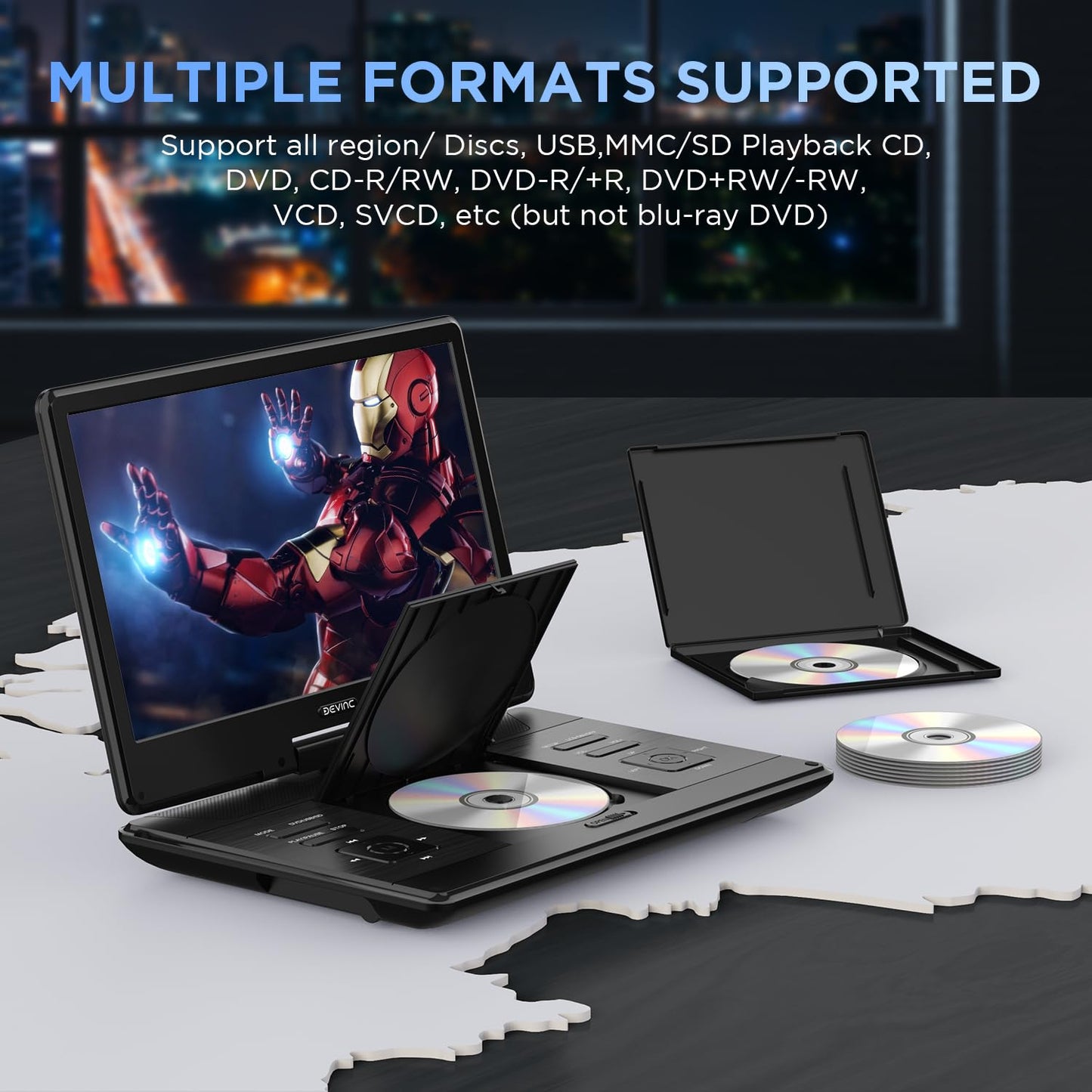 DEVINC 16.9" Portable DVD Player with 14.1" Large HD Screen, Support Multiple DVD CD Formats/USB/SD Card, 6 Hours Rechargeable Battery, Sync TV, Dual Speakers, Car DVD Player, Regions Free